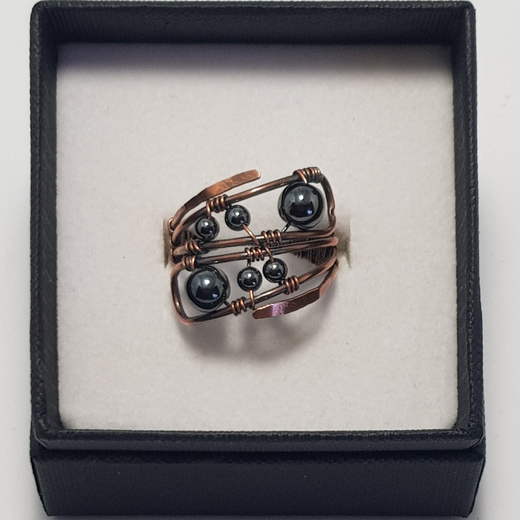 Amethyst and Hematite beaded copper rings #699AM/R + #700AM/R