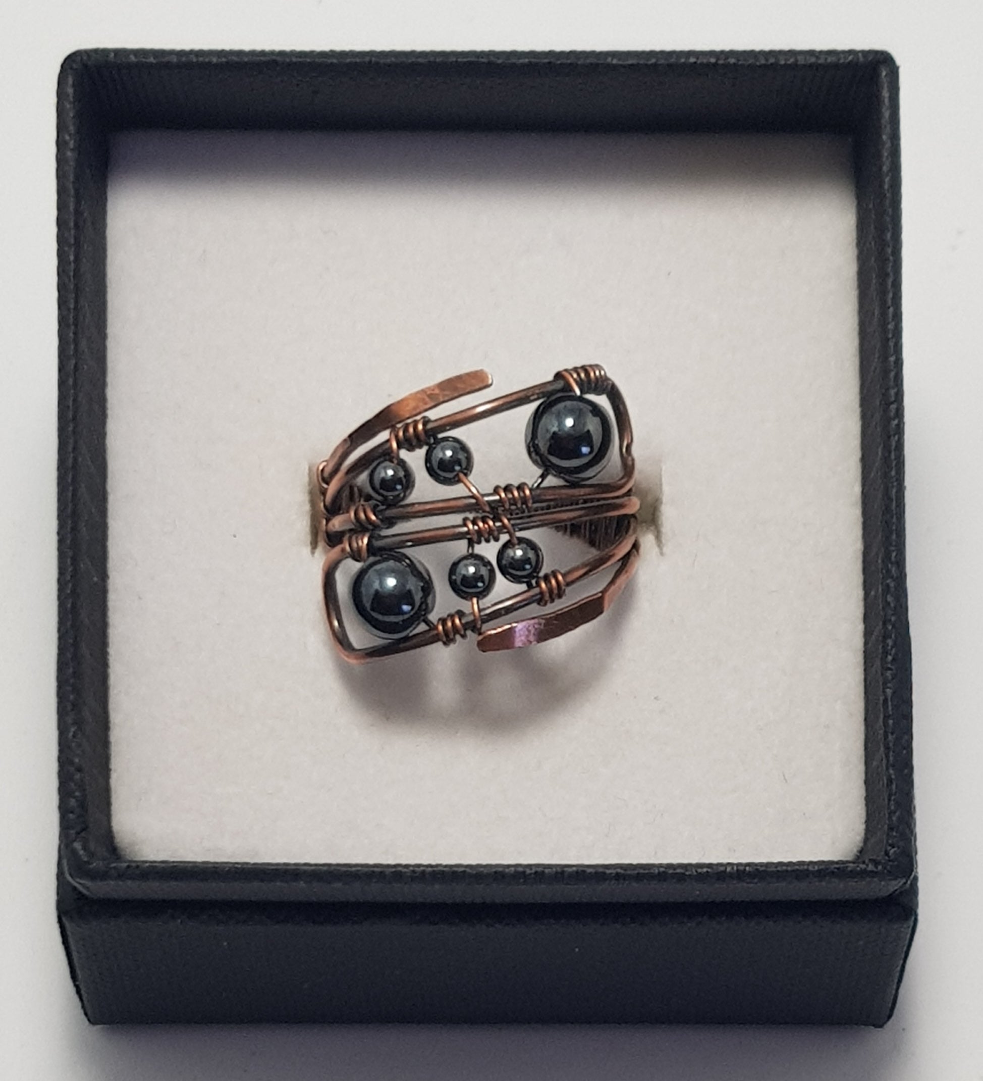Amethyst and Hematite beaded copper rings #699AM/R + #700AM/R