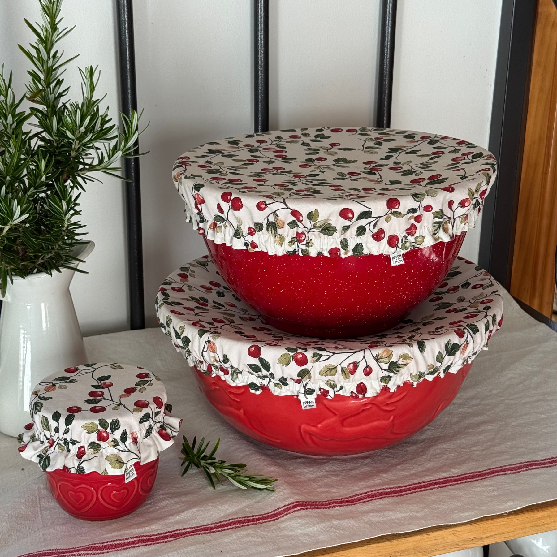 Cherry Print Reversible Cotton Bowl & Jar Covers