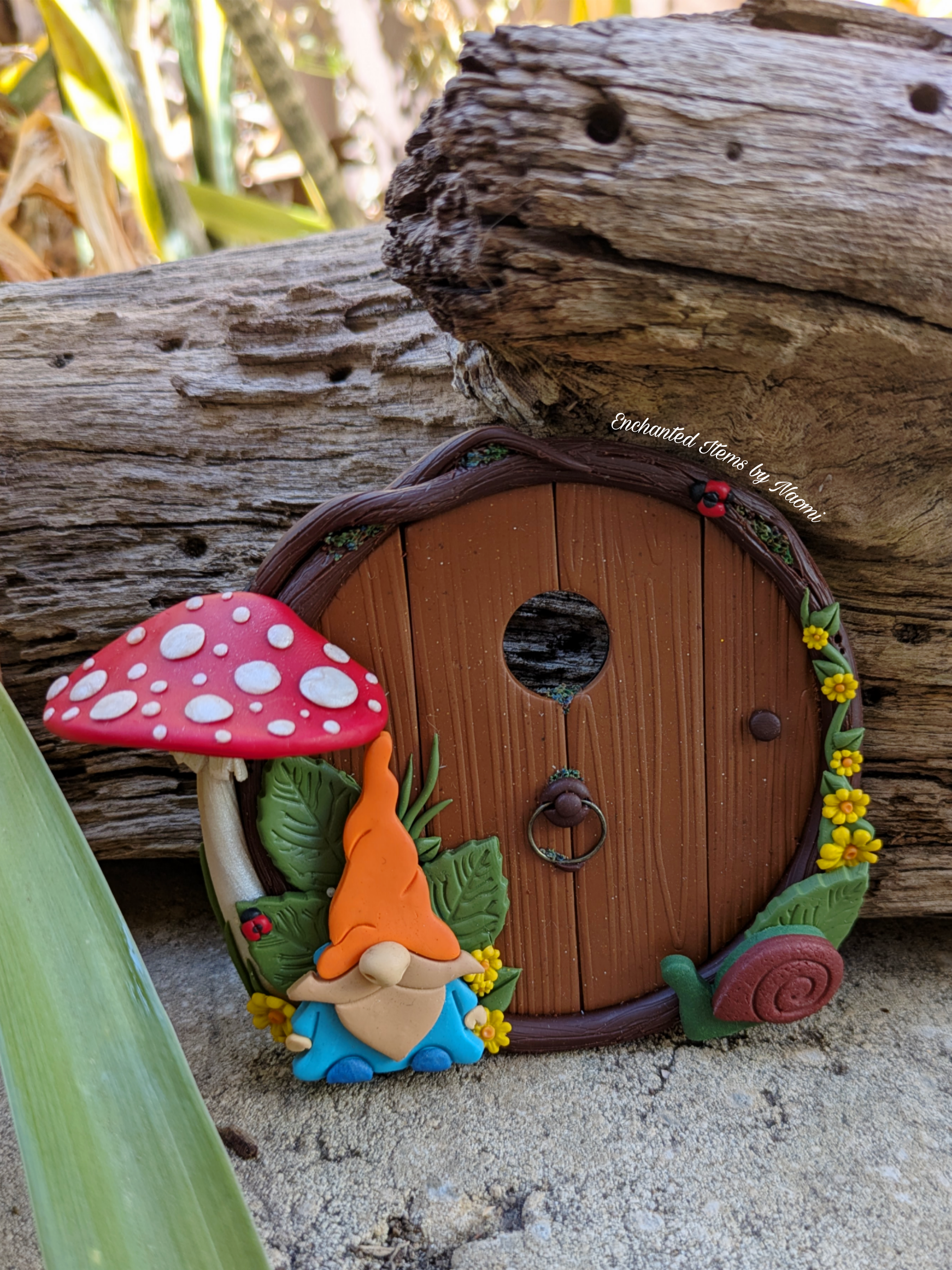 Gnome & Mushroom Fairy Door with a curious snail