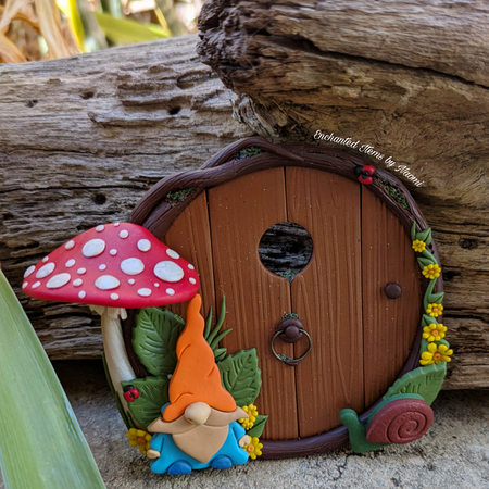 Gnome & Mushroom Fairy Door with a curious snail