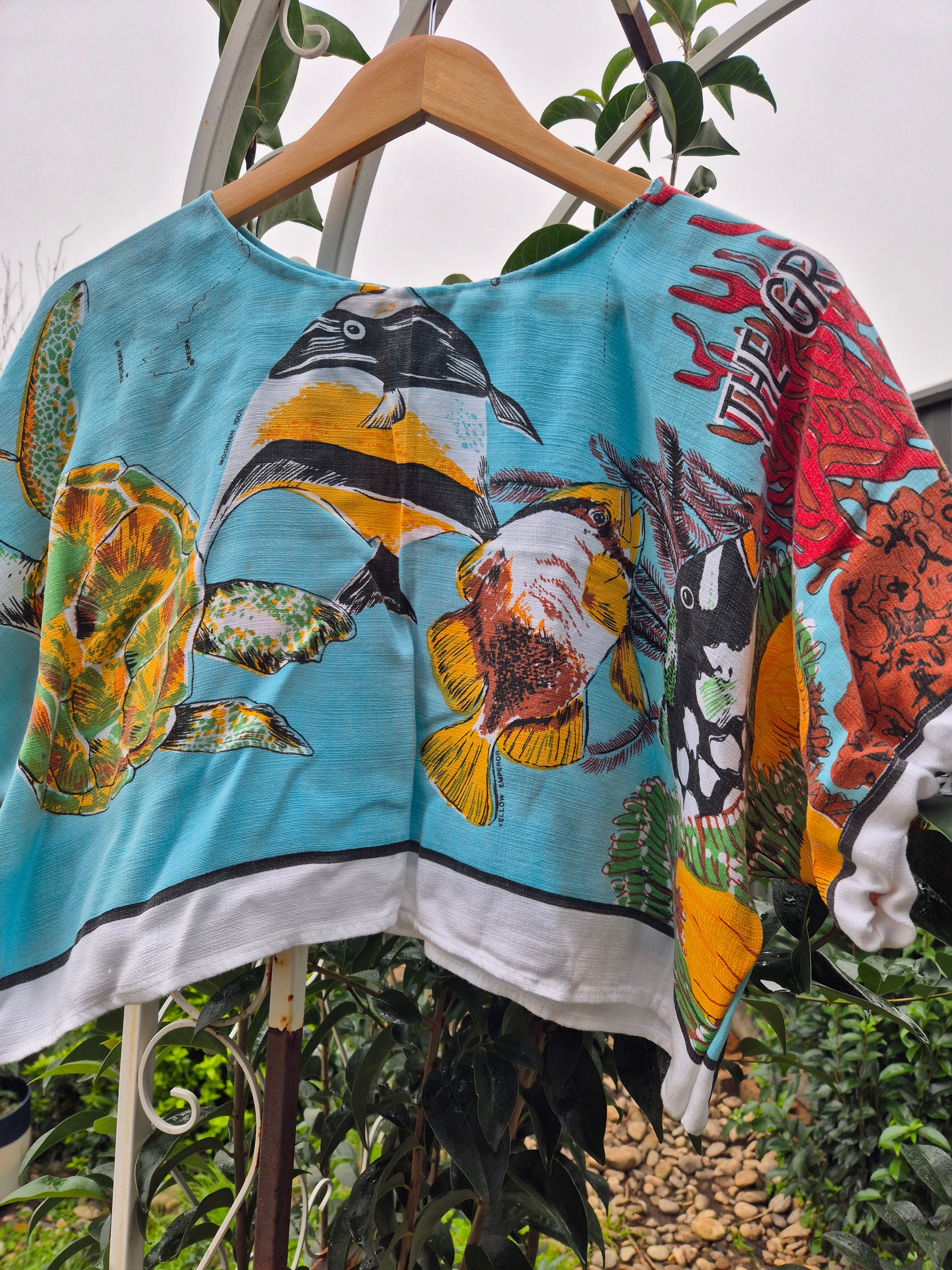 Upcycled Vintage Tablecloth top. Barrier Reef design