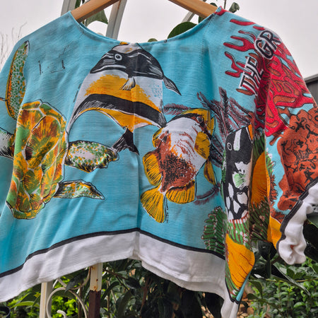 Upcycled Vintage Tablecloth top. Barrier Reef design