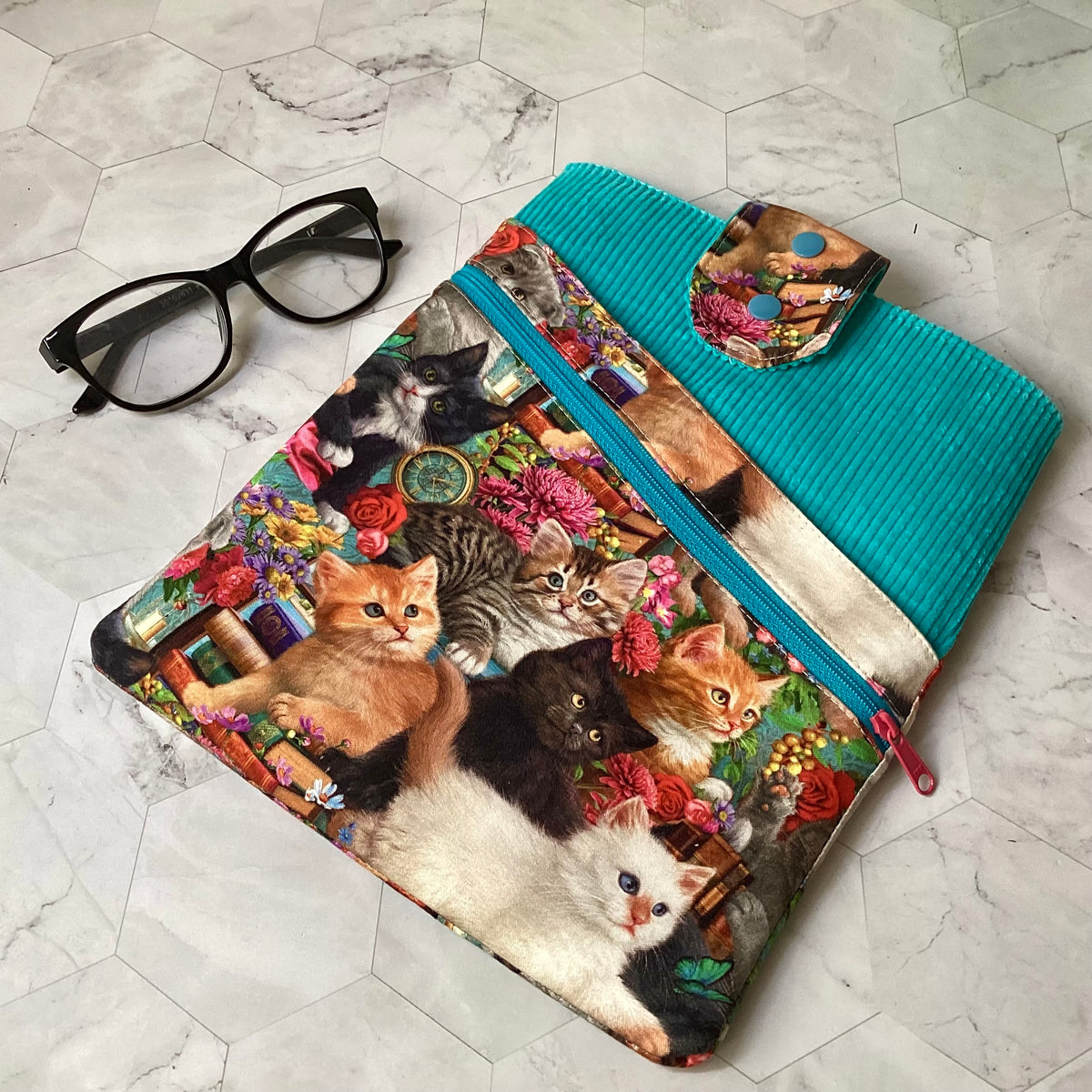 Kittens and Books fabric book sleeve with 2 pockets. iPad, tablet pouch