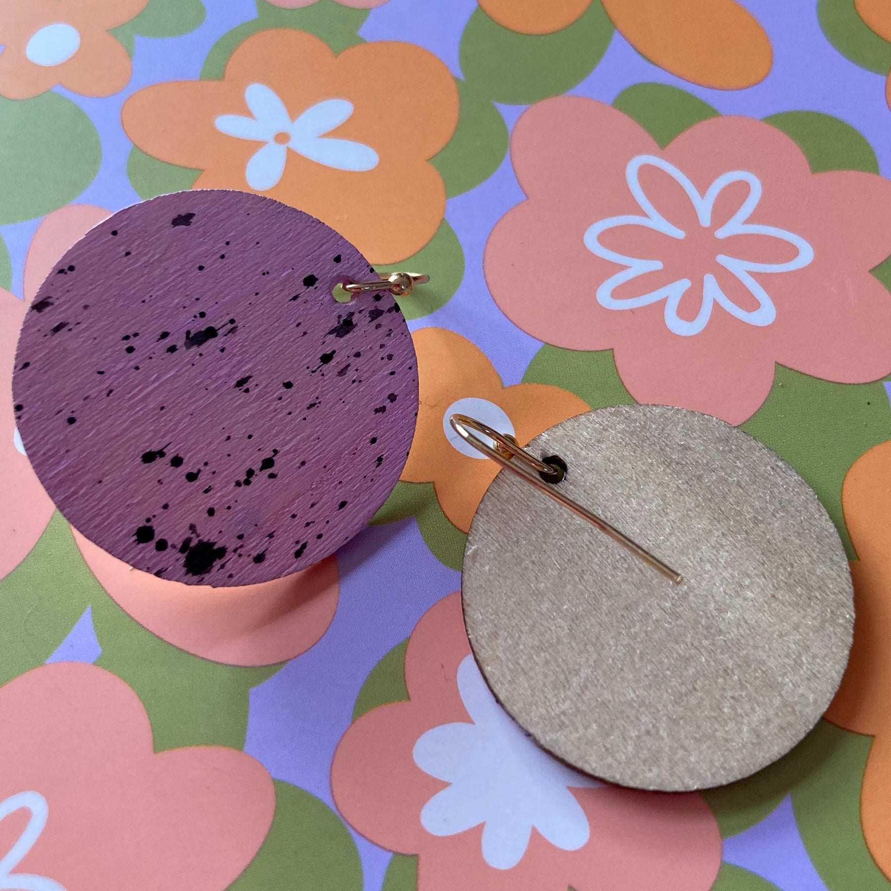Handpainted pastel pink / black splatter earrings