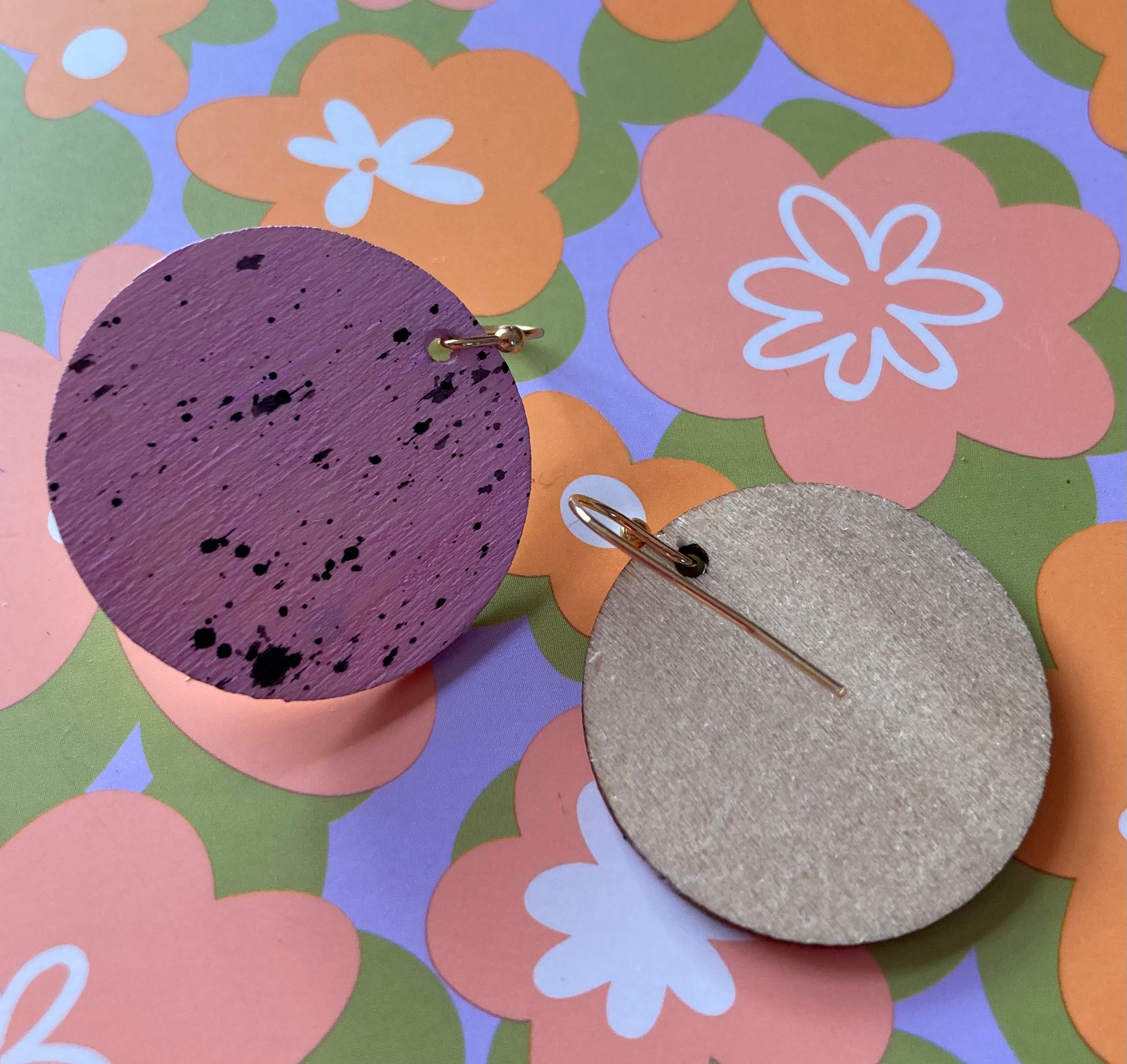 Handpainted pastel pink / black splatter earrings