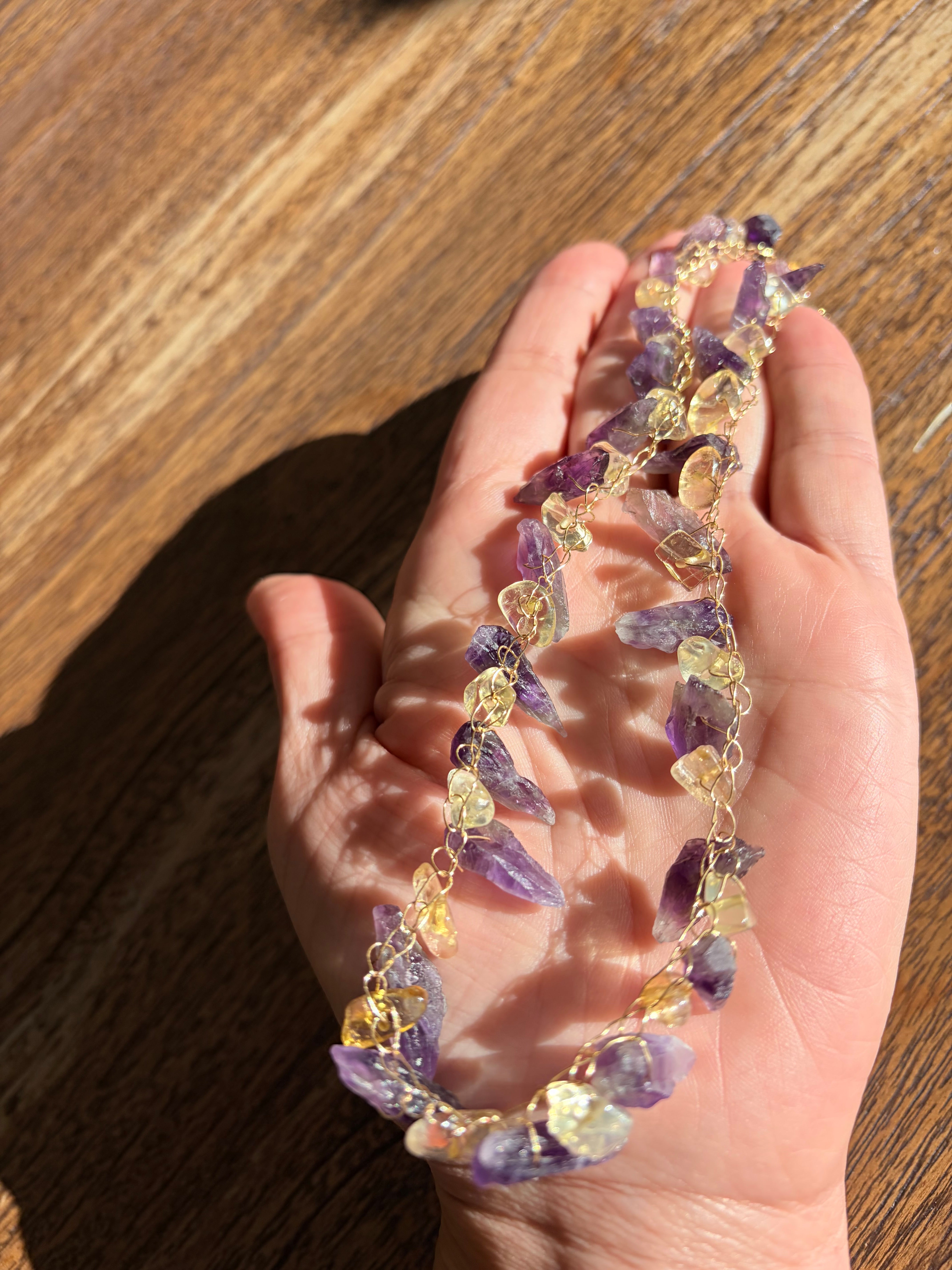“Dragon Teeth” Raw amethyst. Golden citrine Necklace