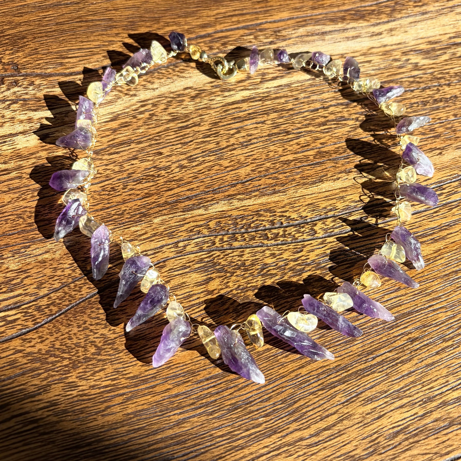 “Dragon Teeth” Raw amethyst. Golden citrine Necklace