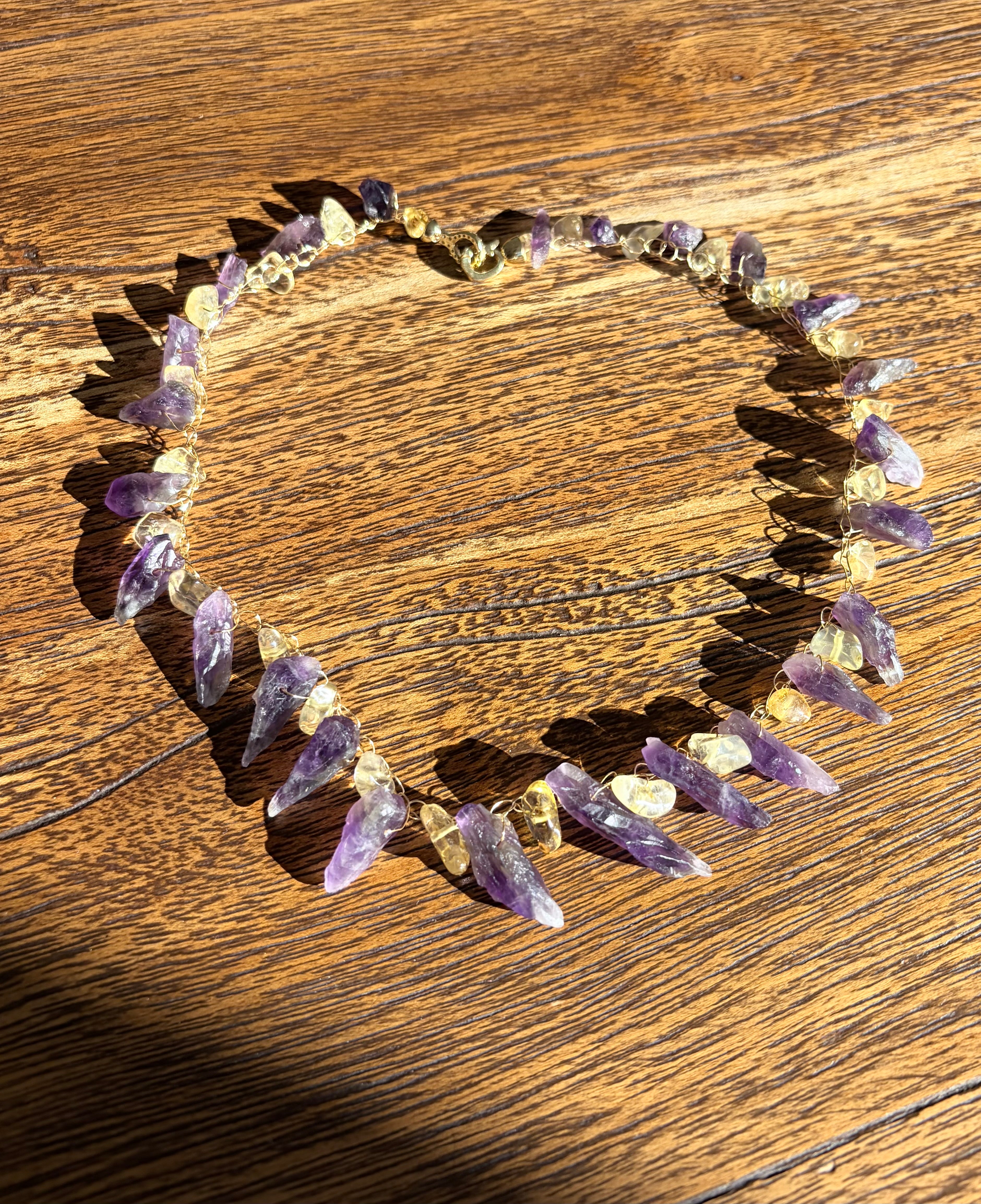 “Dragon Teeth” Raw amethyst. Golden citrine Necklace