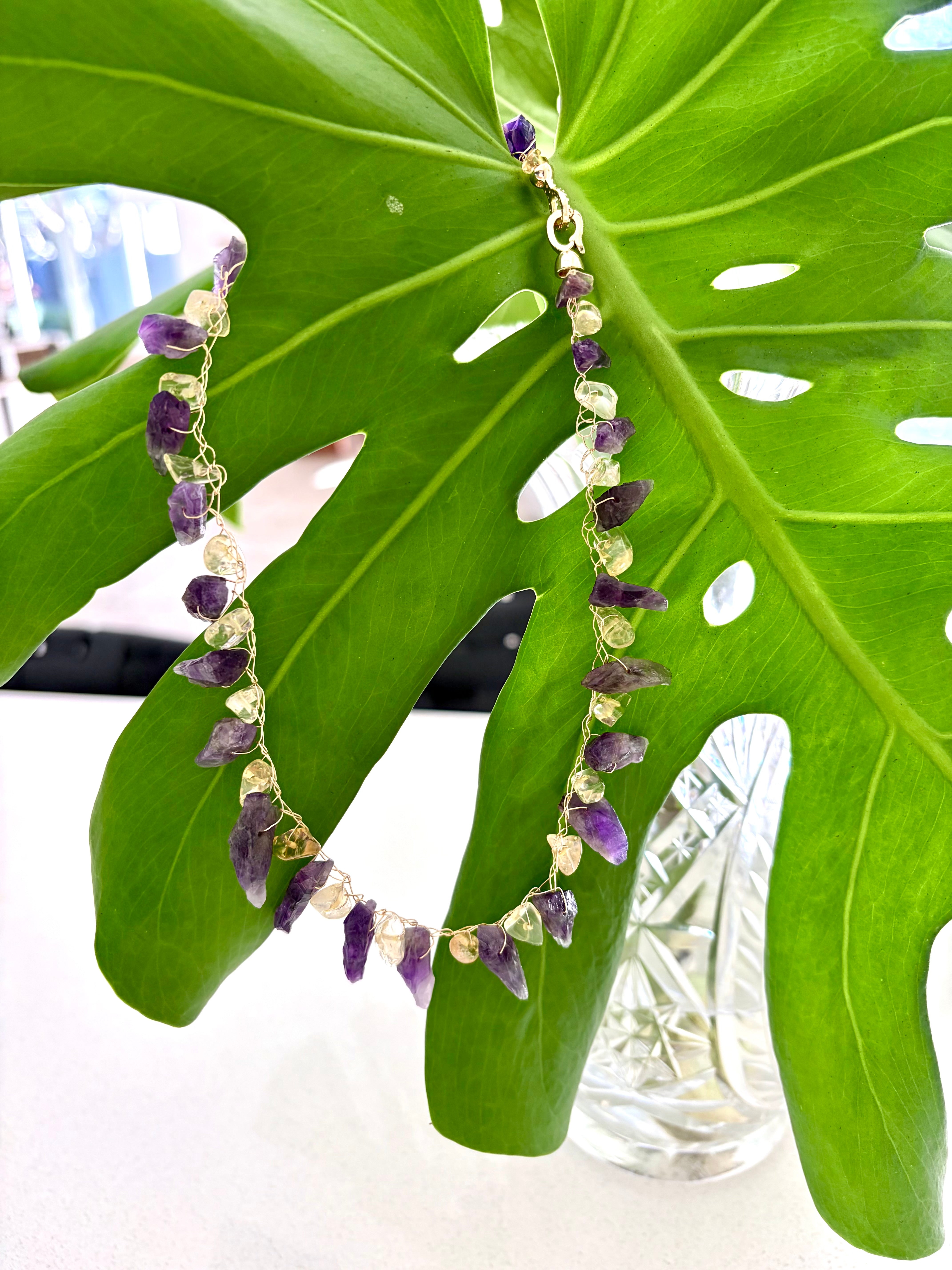 “Dragon Teeth” Raw amethyst. Golden citrine Necklace