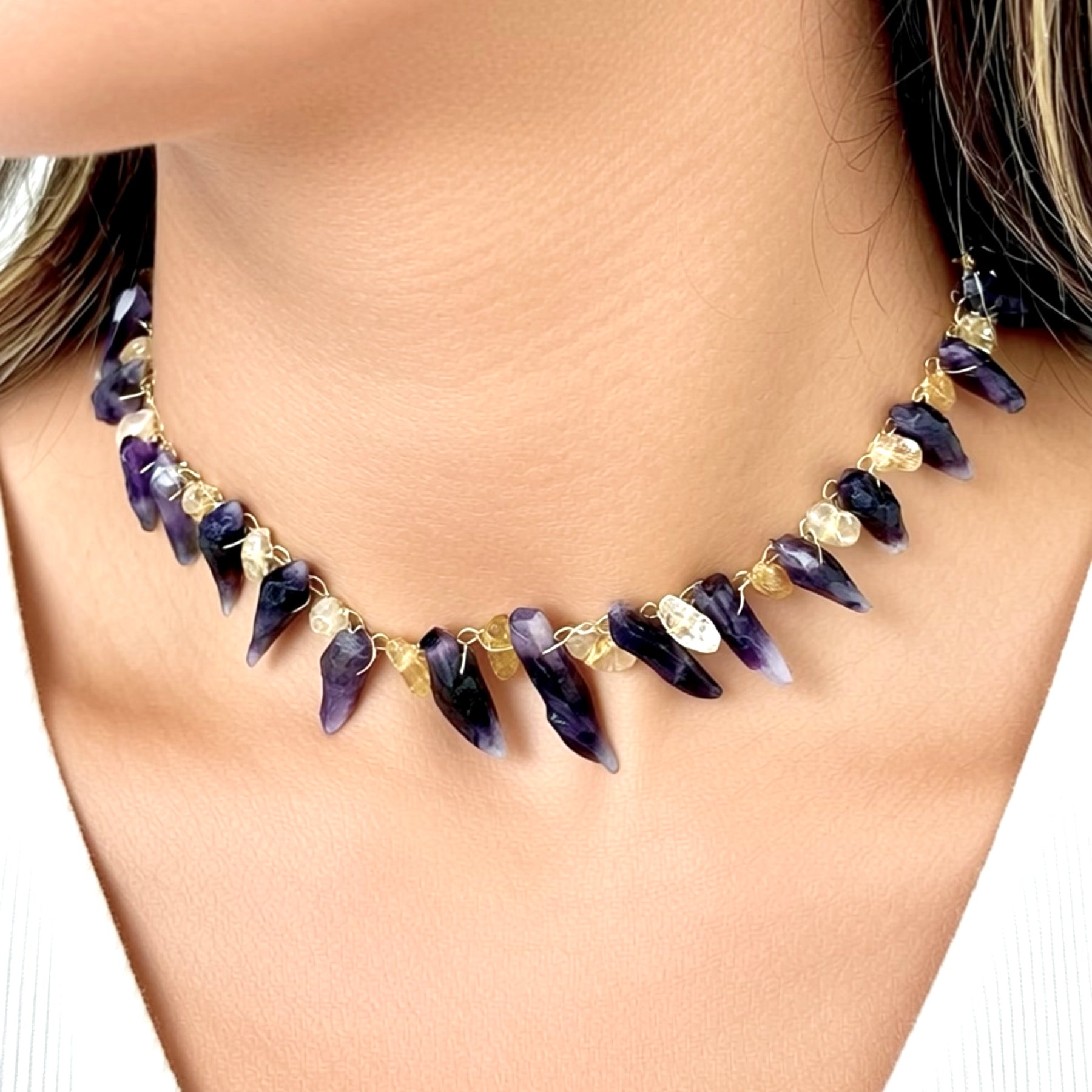 “Dragon Teeth” Raw amethyst. Golden citrine Necklace