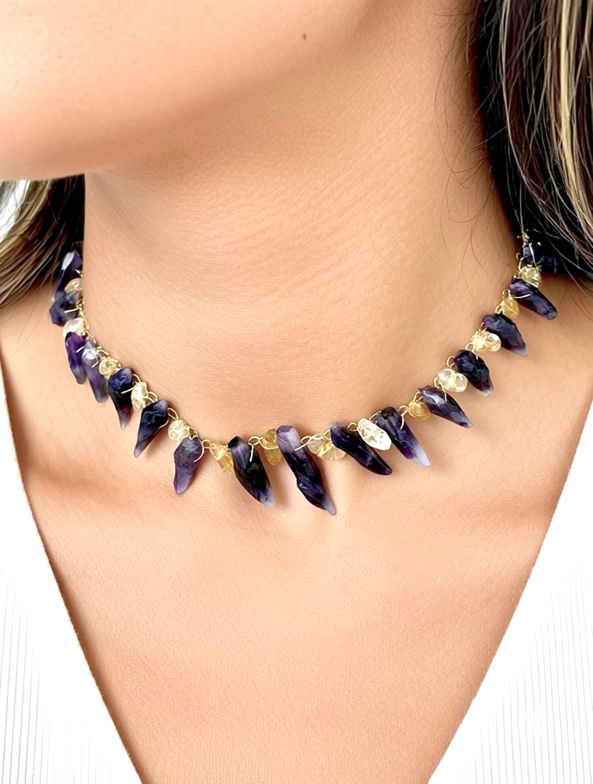 “Dragon Teeth” Raw amethyst. Golden citrine Necklace