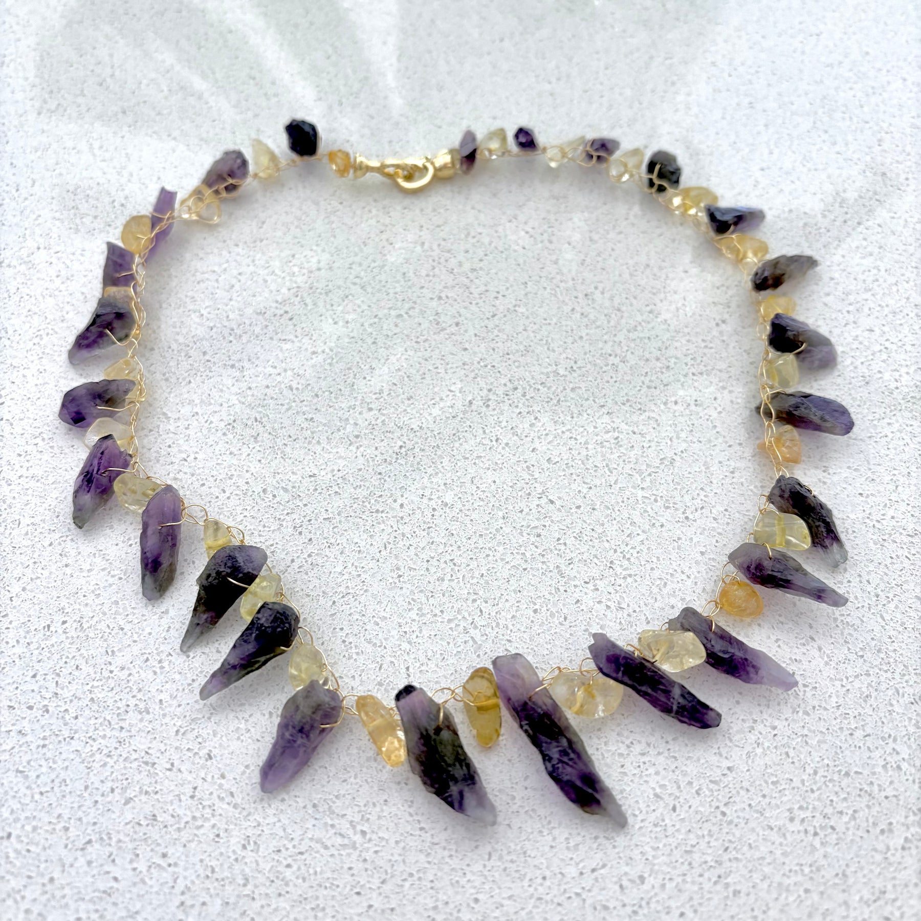 “Dragon Teeth” Raw amethyst. Golden citrine Necklace