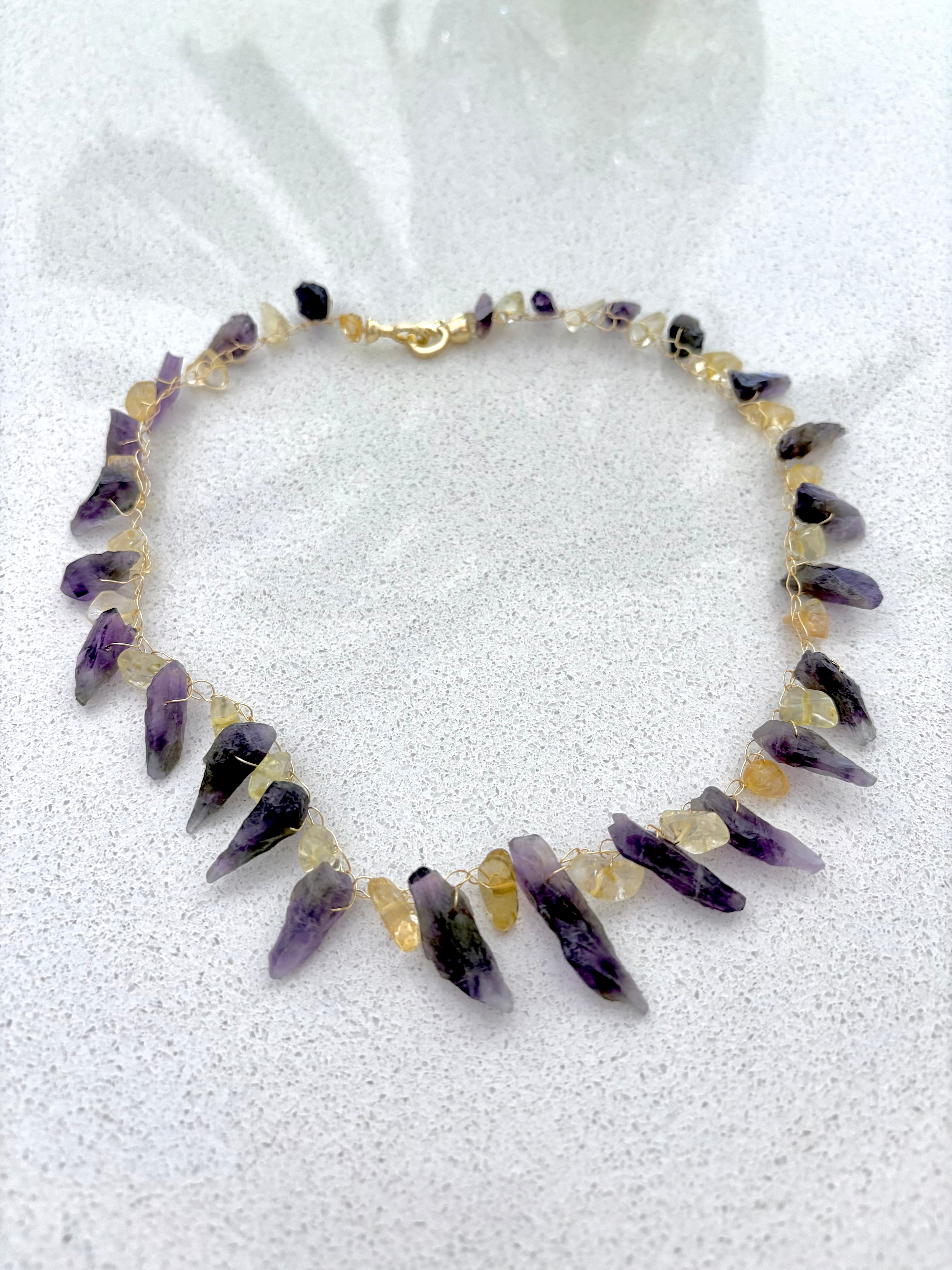 “Dragon Teeth” Raw amethyst. Golden citrine Necklace