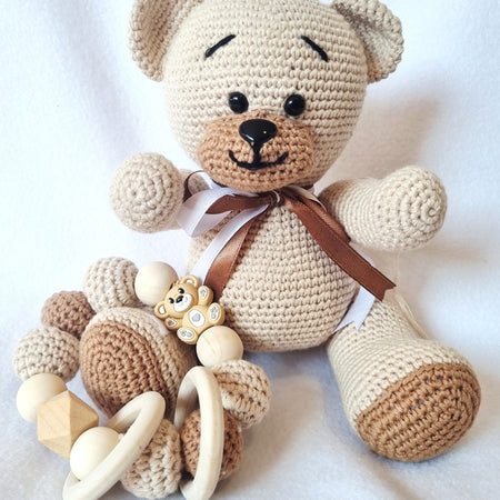 Handmade – Crochet Little Bear with Sensory Ring toy – Natural and Brown - BB10/12