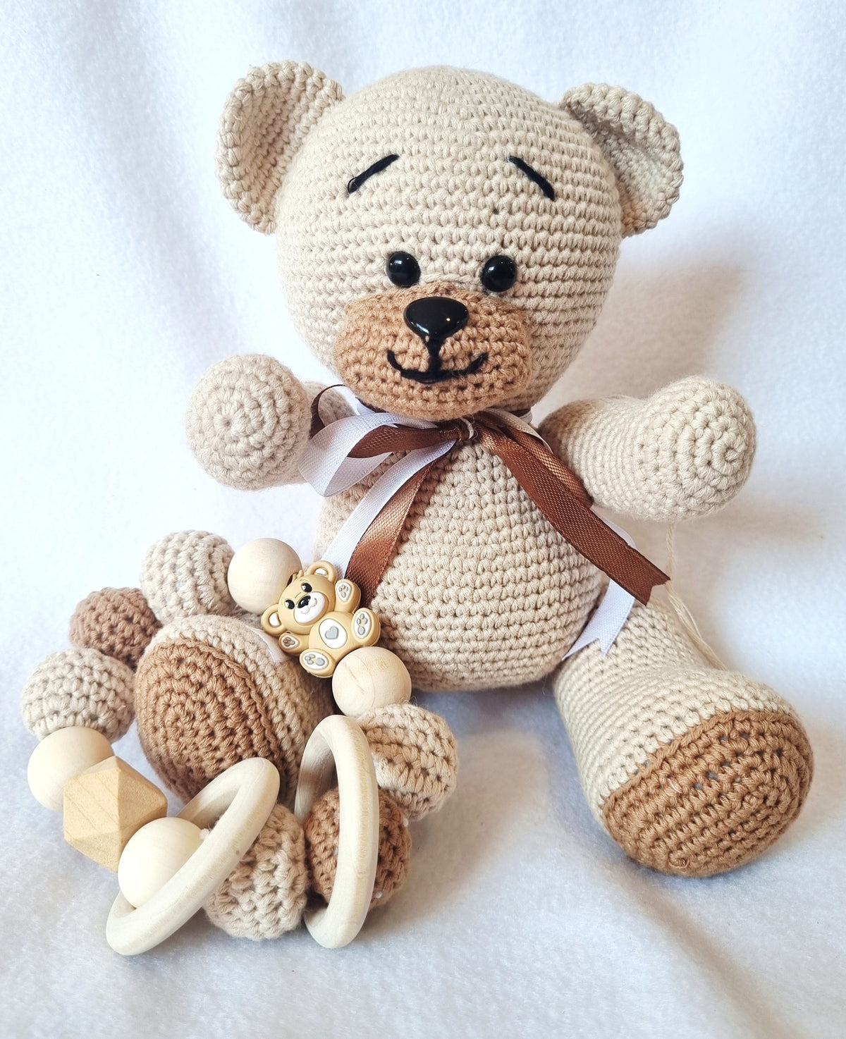 Handmade – Crochet Little Bear with Sensory Ring toy – Natural and Brown - BB10/12