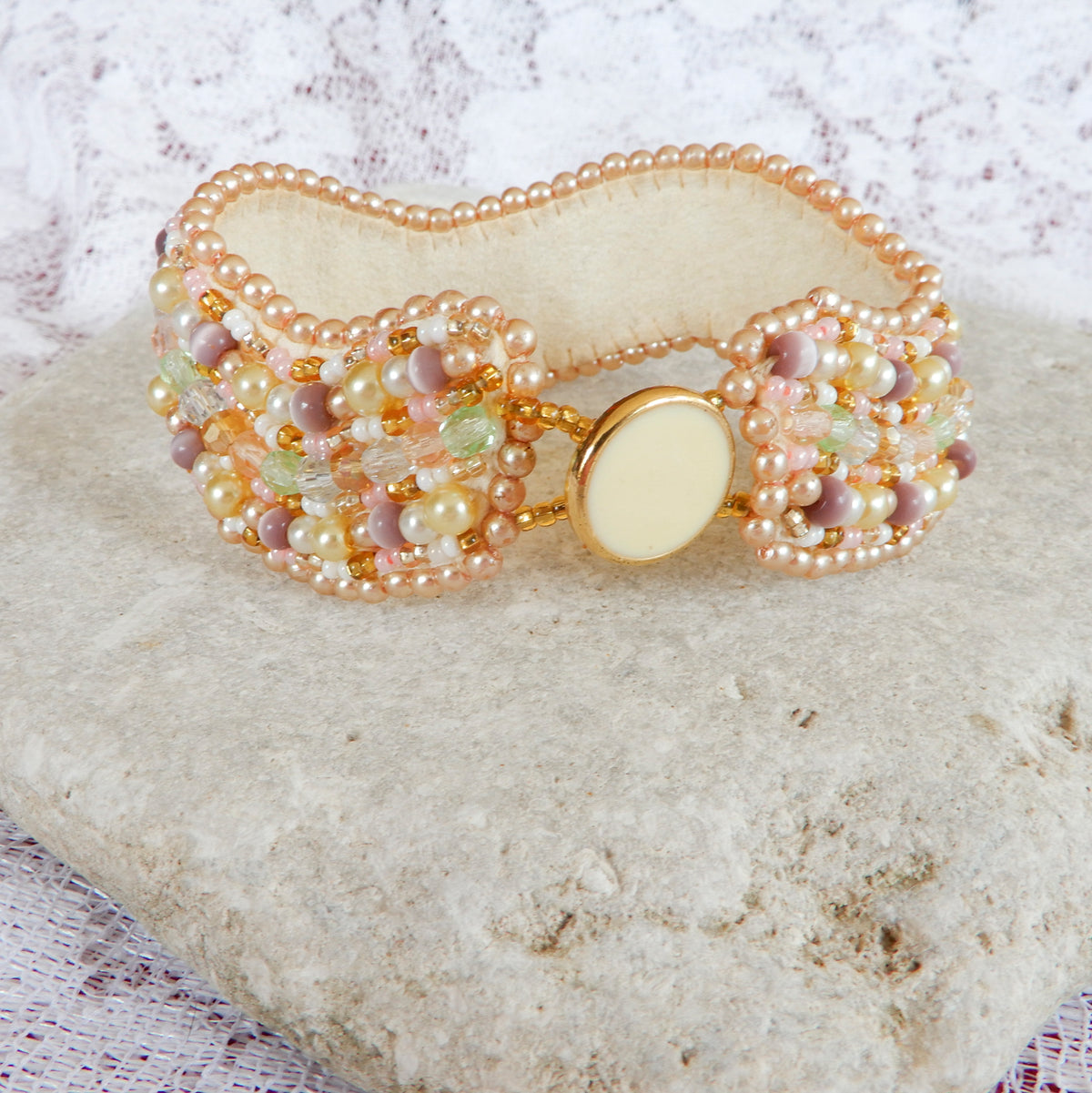 Pink & Gold Bead Embroidered Bracelet
