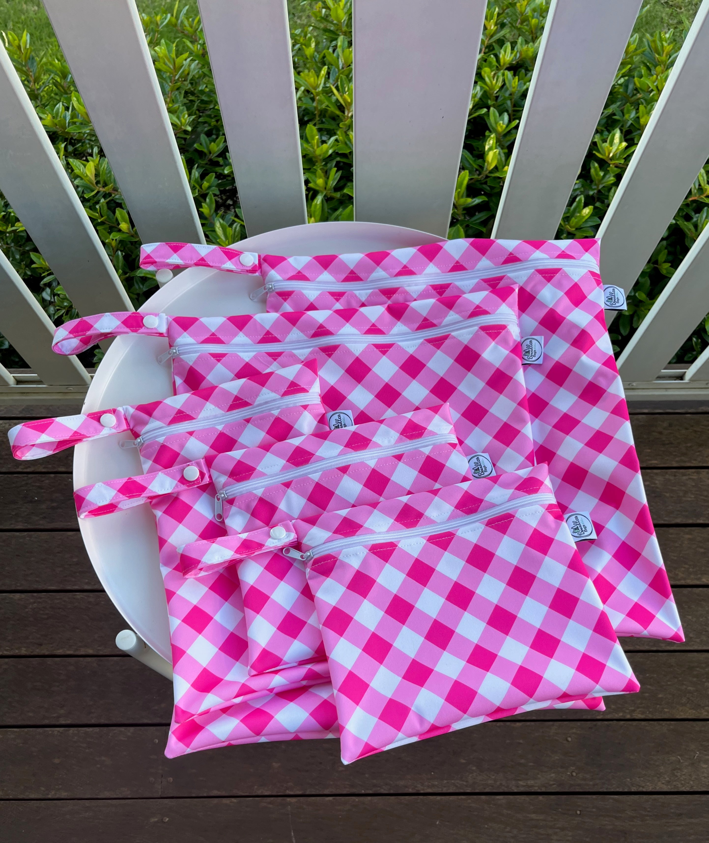 READY MADE Water-resistant wet bags - Love Blooms Pink Gingham (Annette Winter)  | Ready to ship | FREE Postage