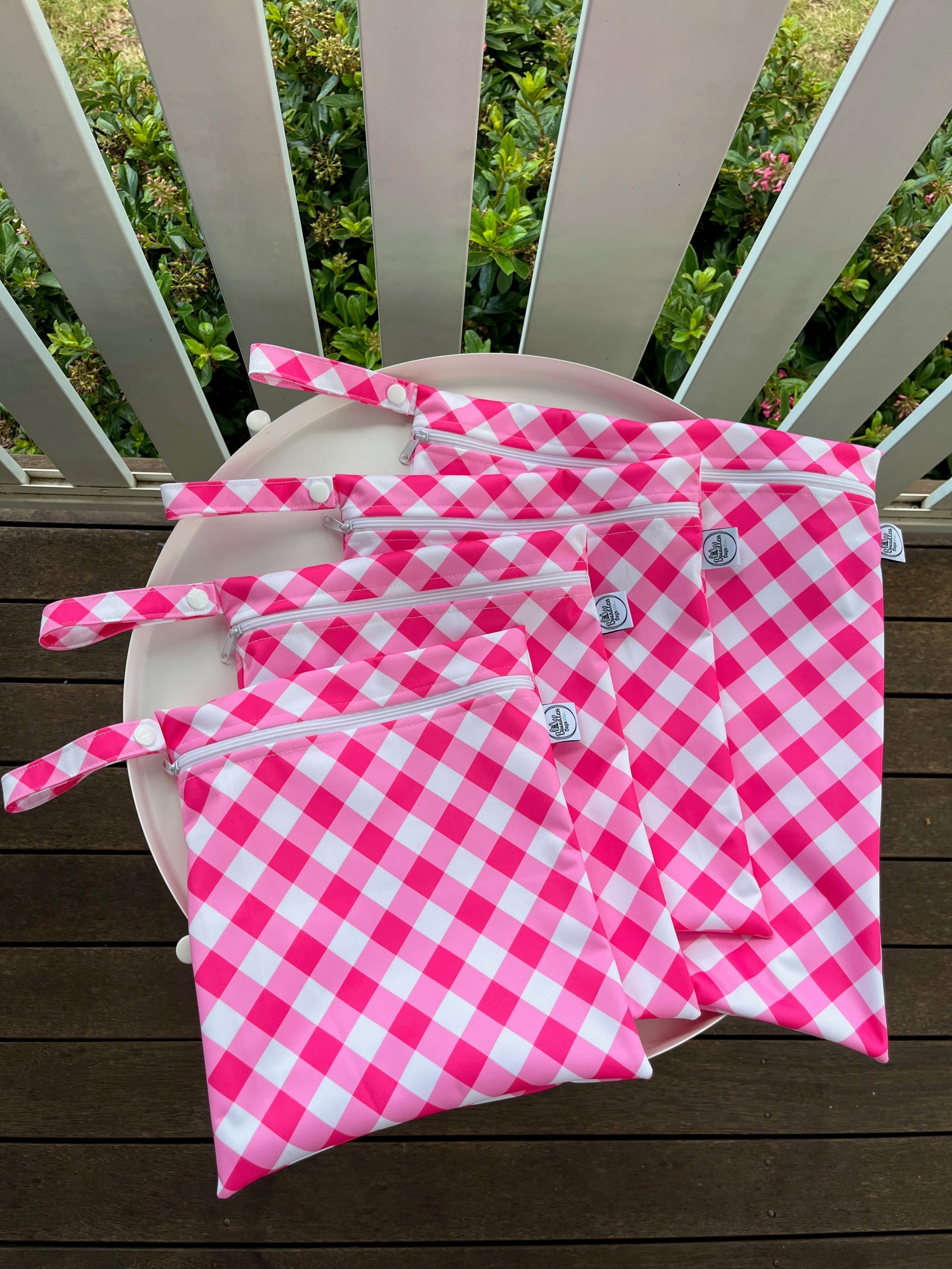 READY MADE Water-resistant wet bags - Love Blooms Pink Gingham (Annette Winter)  | Ready to ship | FREE Postage