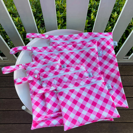 READY MADE Water-resistant wet bags - Love Blooms Pink Gingham (Annette Winter)  | Ready to ship | FREE Postage