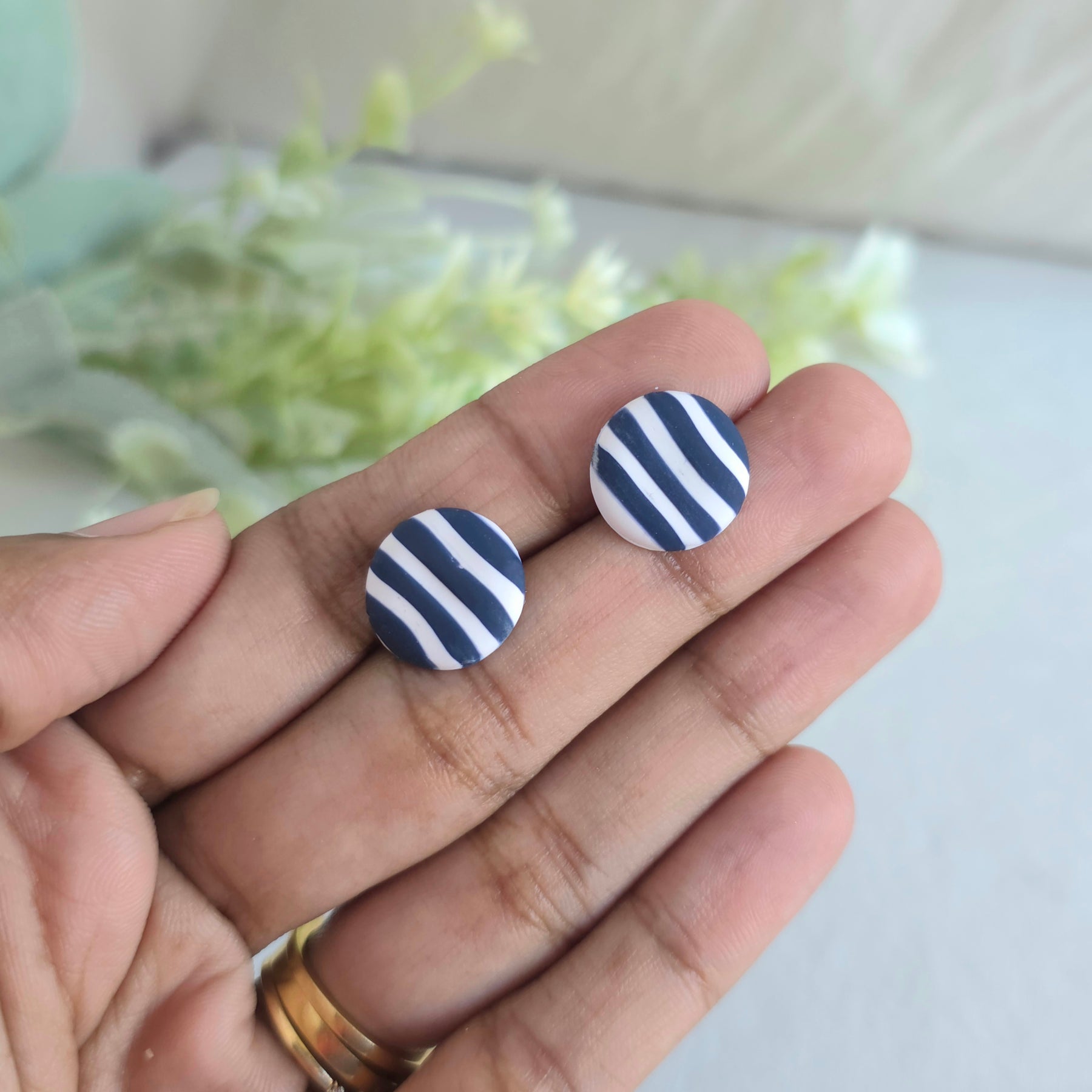 Handmade Pink Rose Earrings | Navy Striped Polymer Clay Dangles | Floral Statement Earrings | Costal | Stripe Studs | Glasses Brooches
