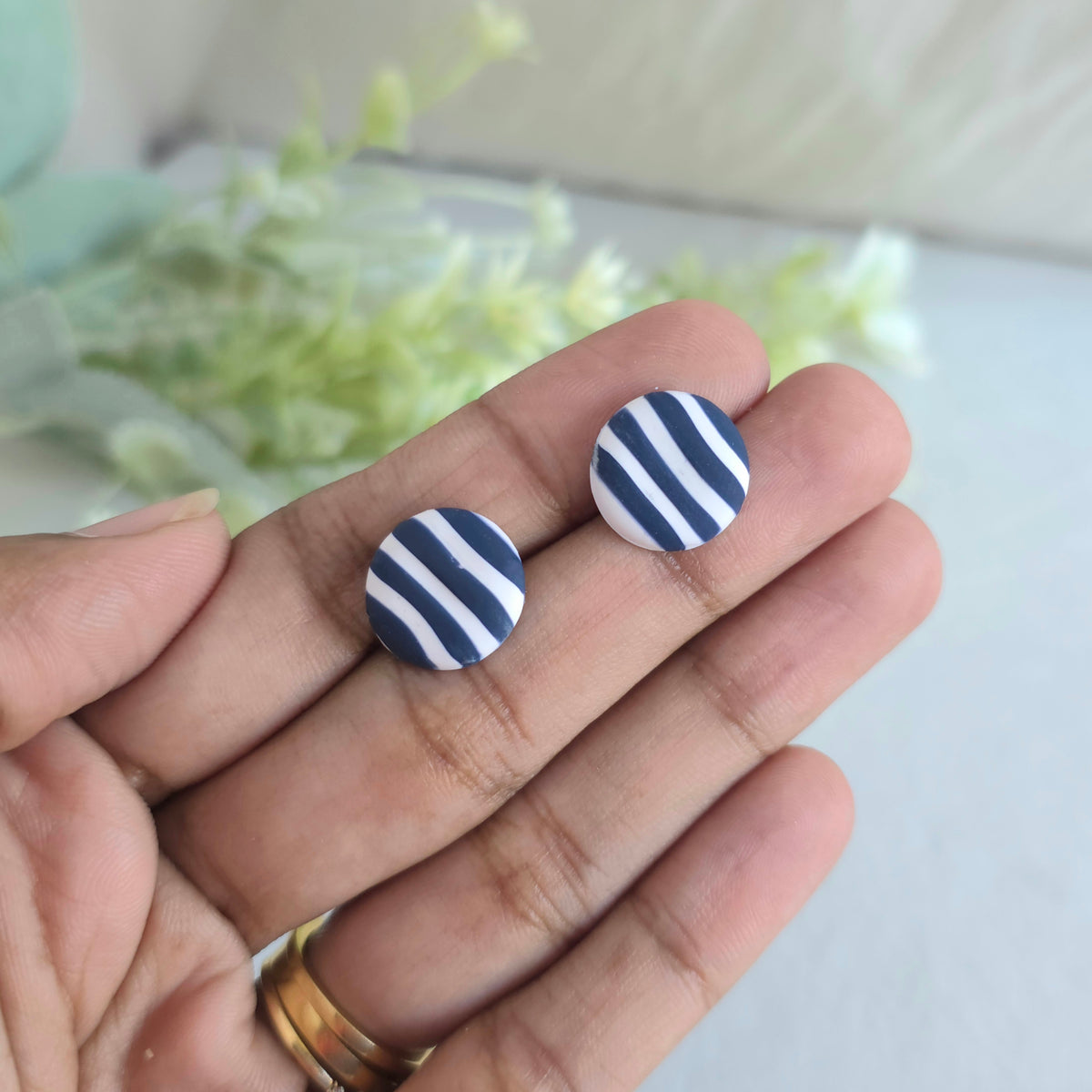 Handmade Pink Rose Earrings | Navy Striped Polymer Clay Dangles | Floral Statement Earrings | Costal | Stripe Studs | Glasses Brooches