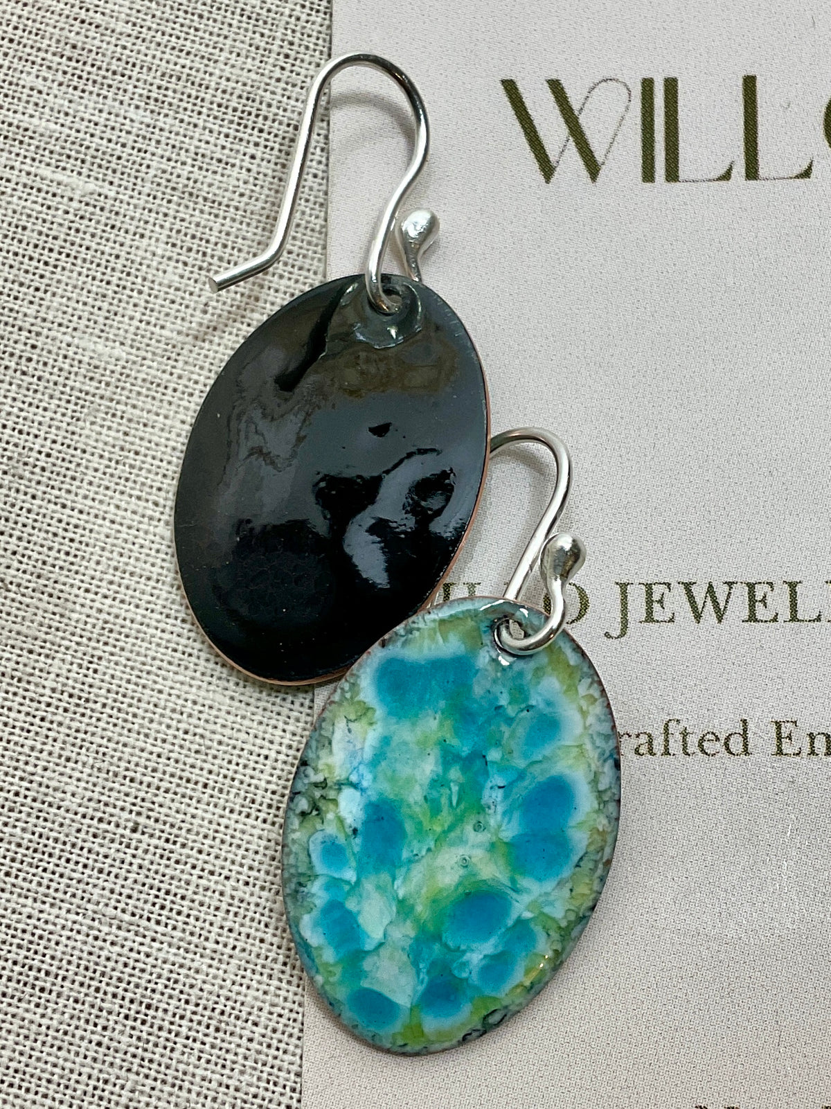 Blue and green enamel earrings. Handmade