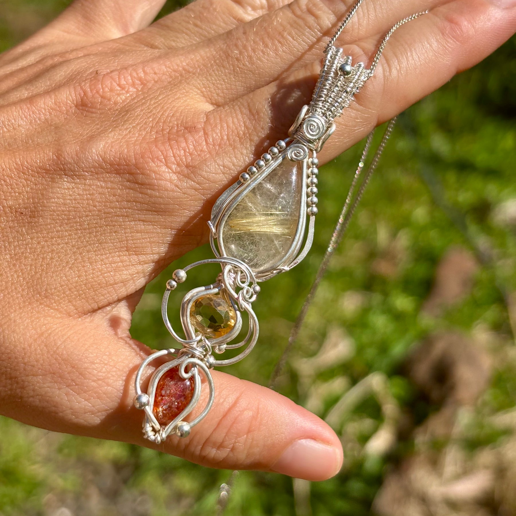 Citrine, Sunstone, Rutilated Quartz Crystal Pendant wire wrap