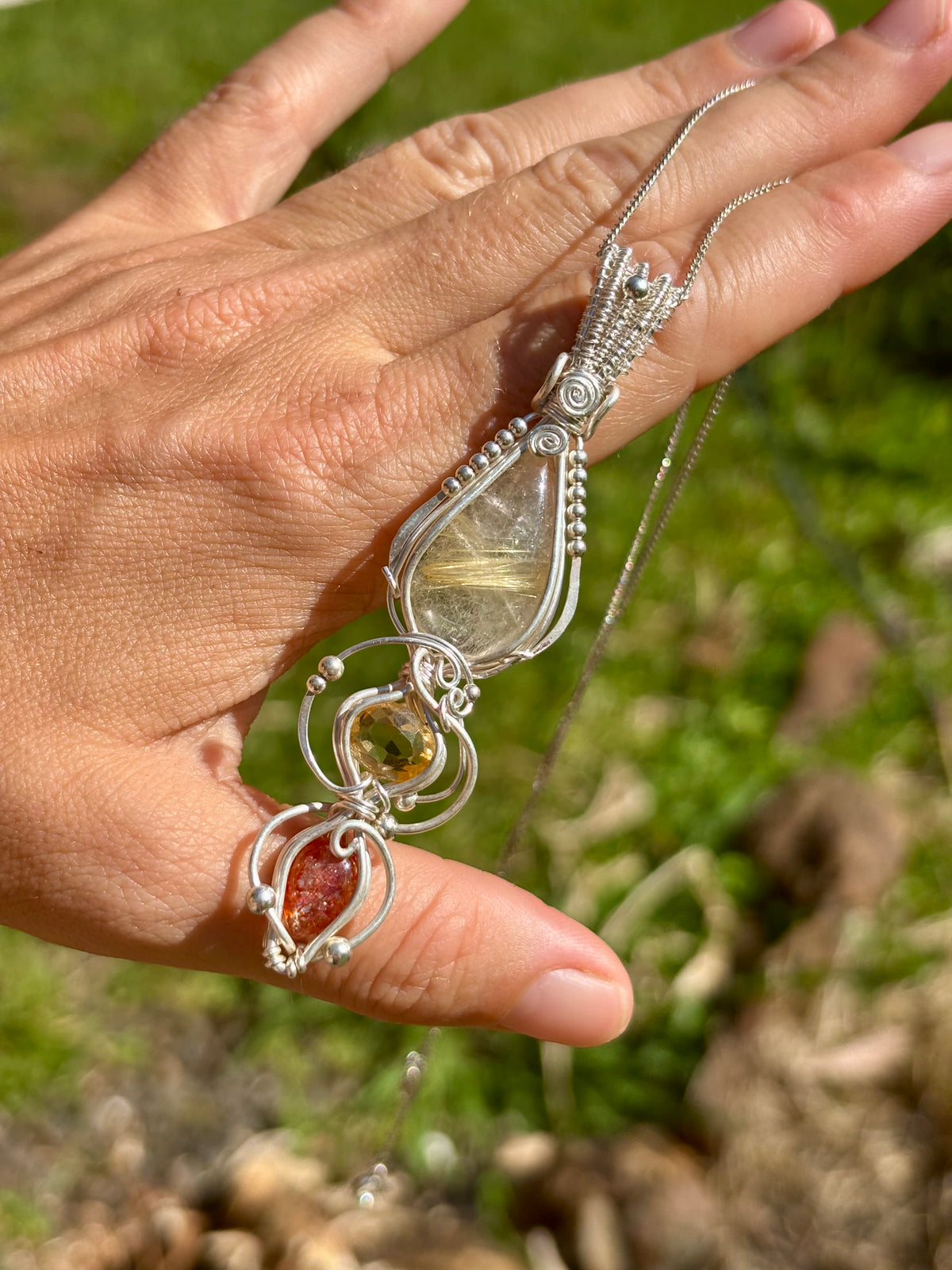 Citrine, Sunstone, Rutilated Quartz Crystal Pendant wire wrap