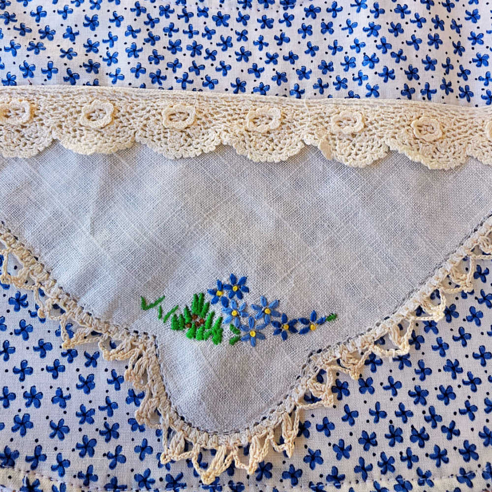 Handmade Baby Bib – Blue Floral with Vintage Doily Embroidery