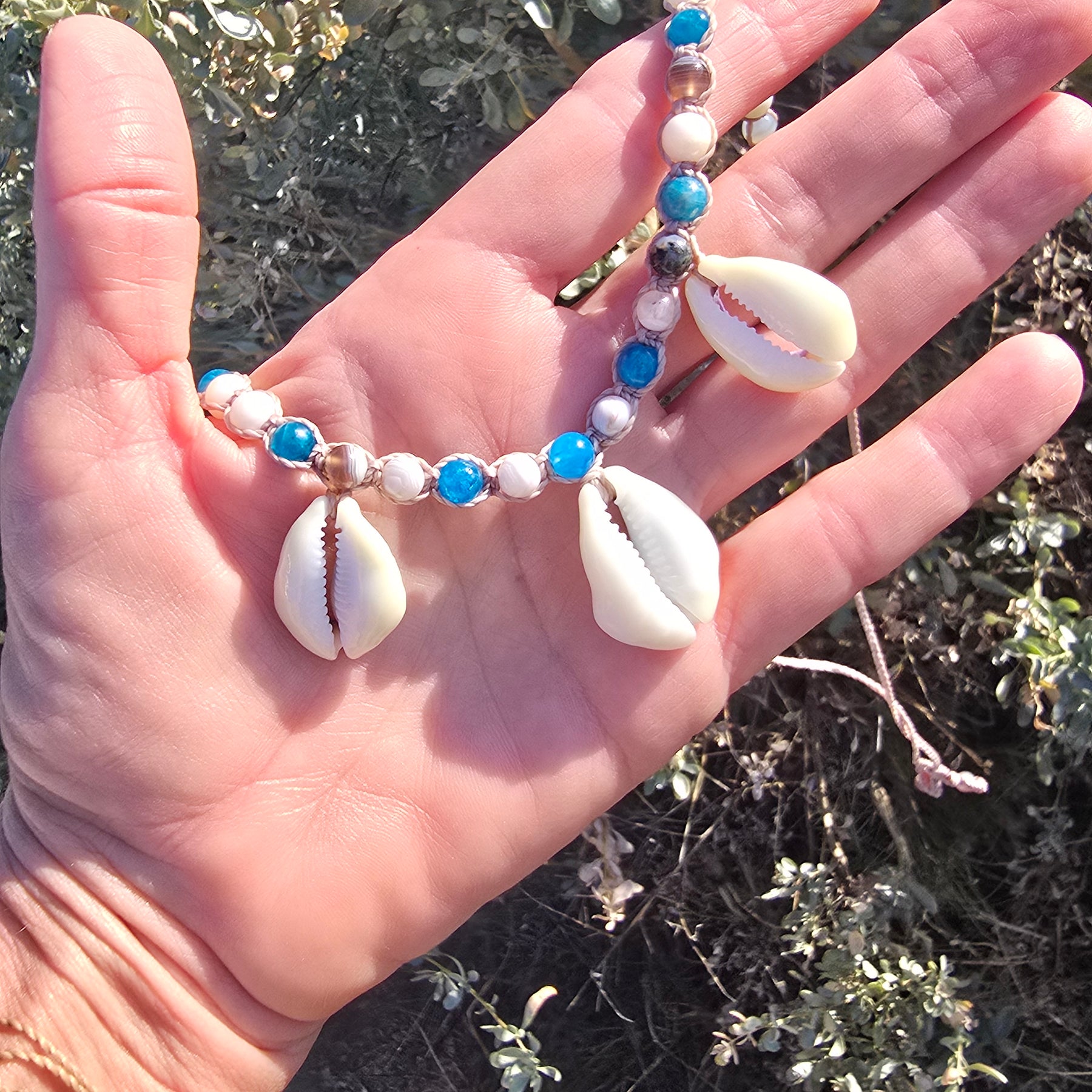Cowrie Shell Macrame Necklace with Blue Apatite