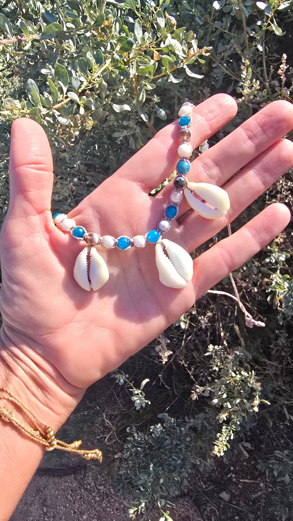 Cowrie Shell Macrame Necklace with Blue Apatite