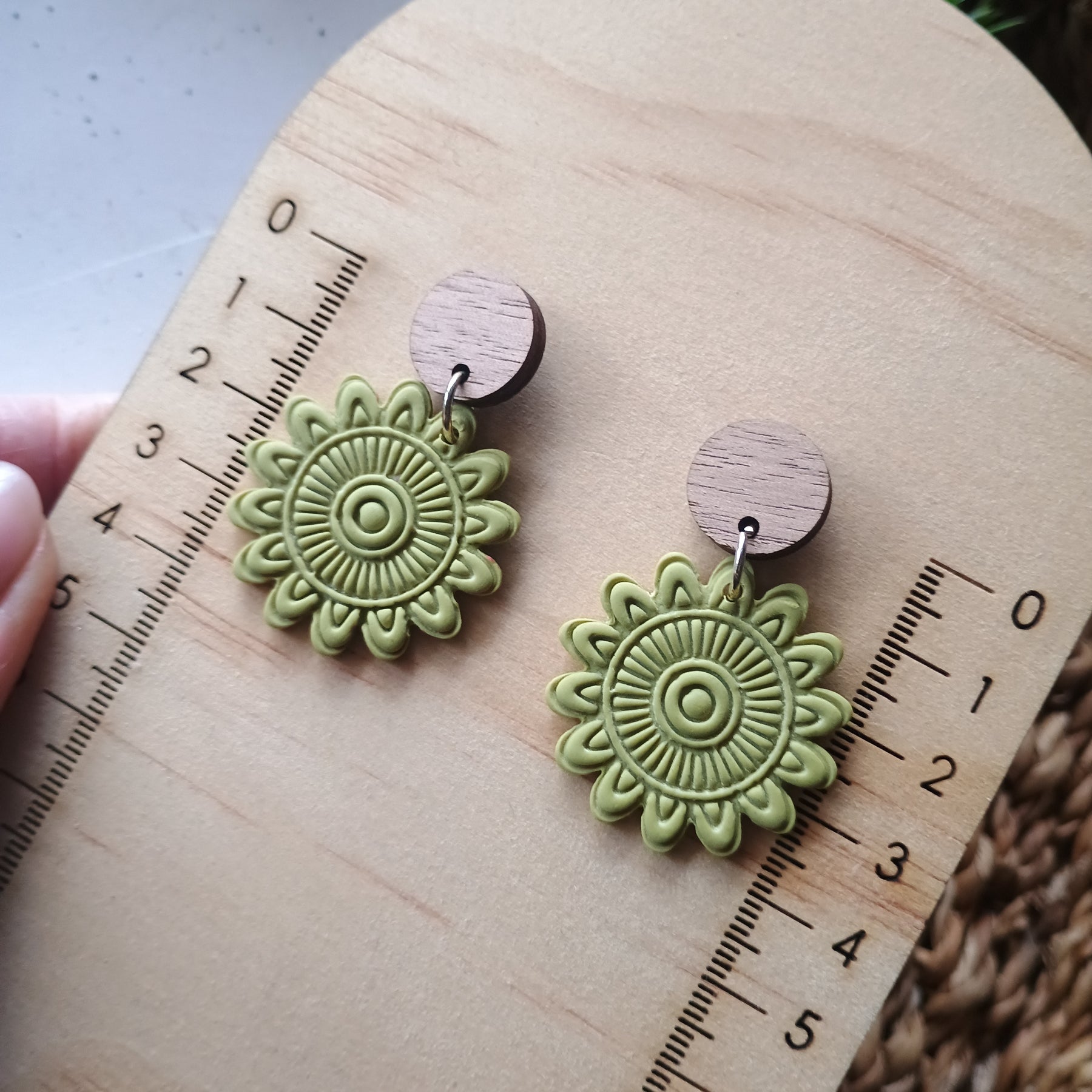 Olive Green mandala earrings with natural wood stud top