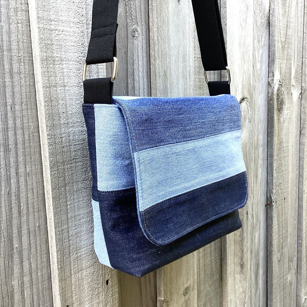 Upcycled Denim Cross Body Messenger Bag - Blue Stripes