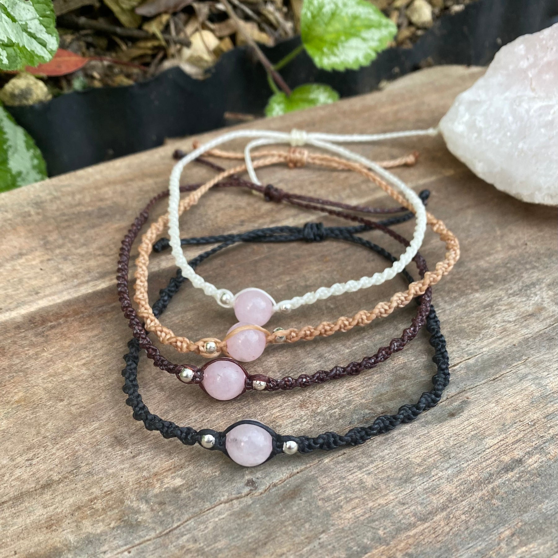 Rose Quartz Beaded Anklet: Macrame Adjustable Waterproof
