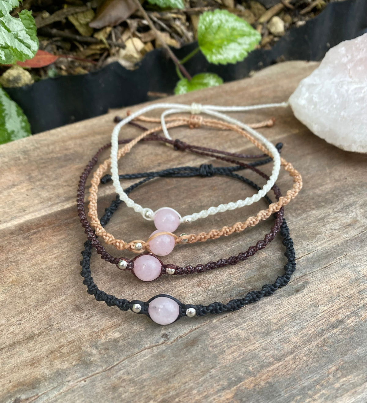 Rose Quartz Beaded Anklet: Macrame Adjustable Waterproof