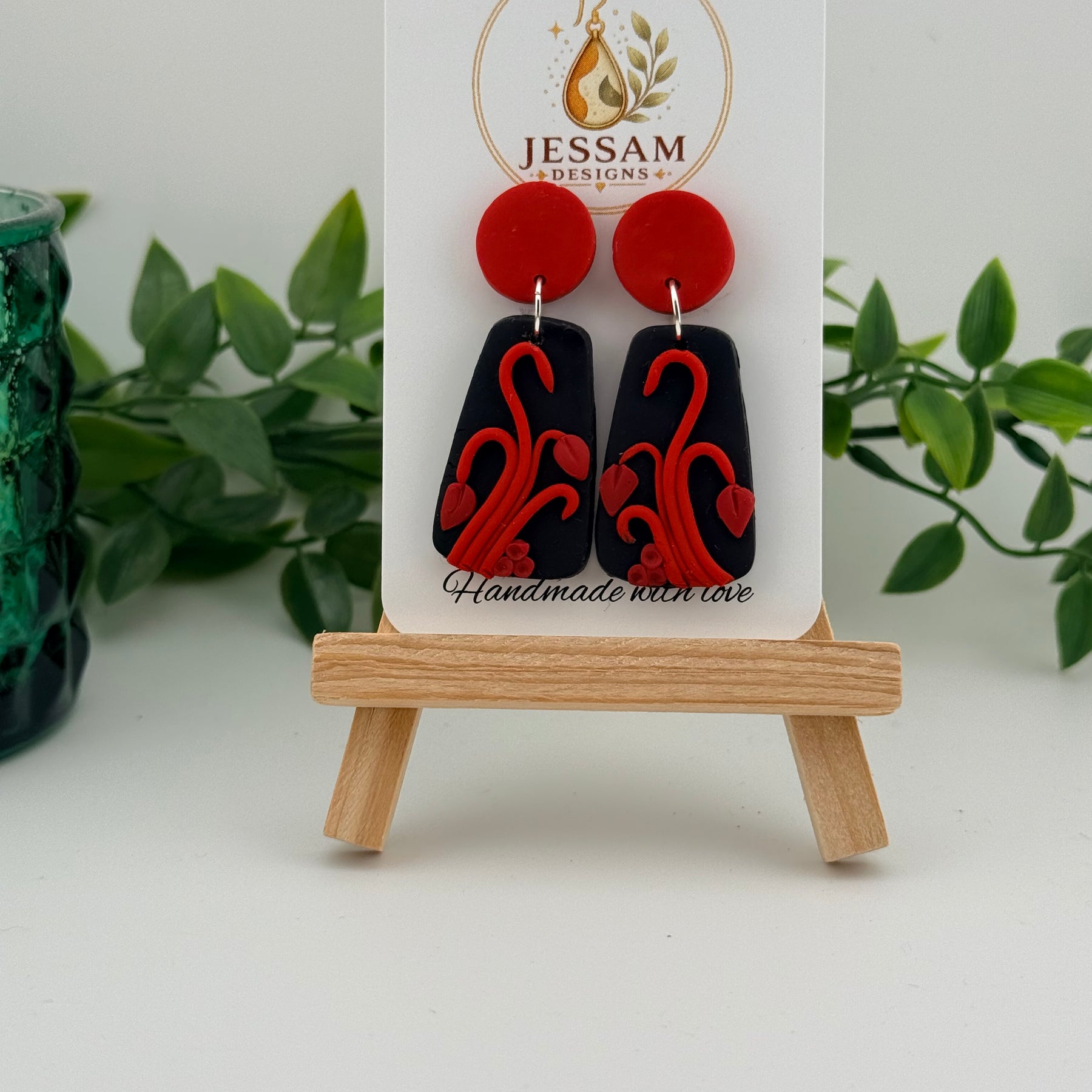 Red & Black Floral Polymer Clay Dangle Earrings – Handmade Statement Earrings