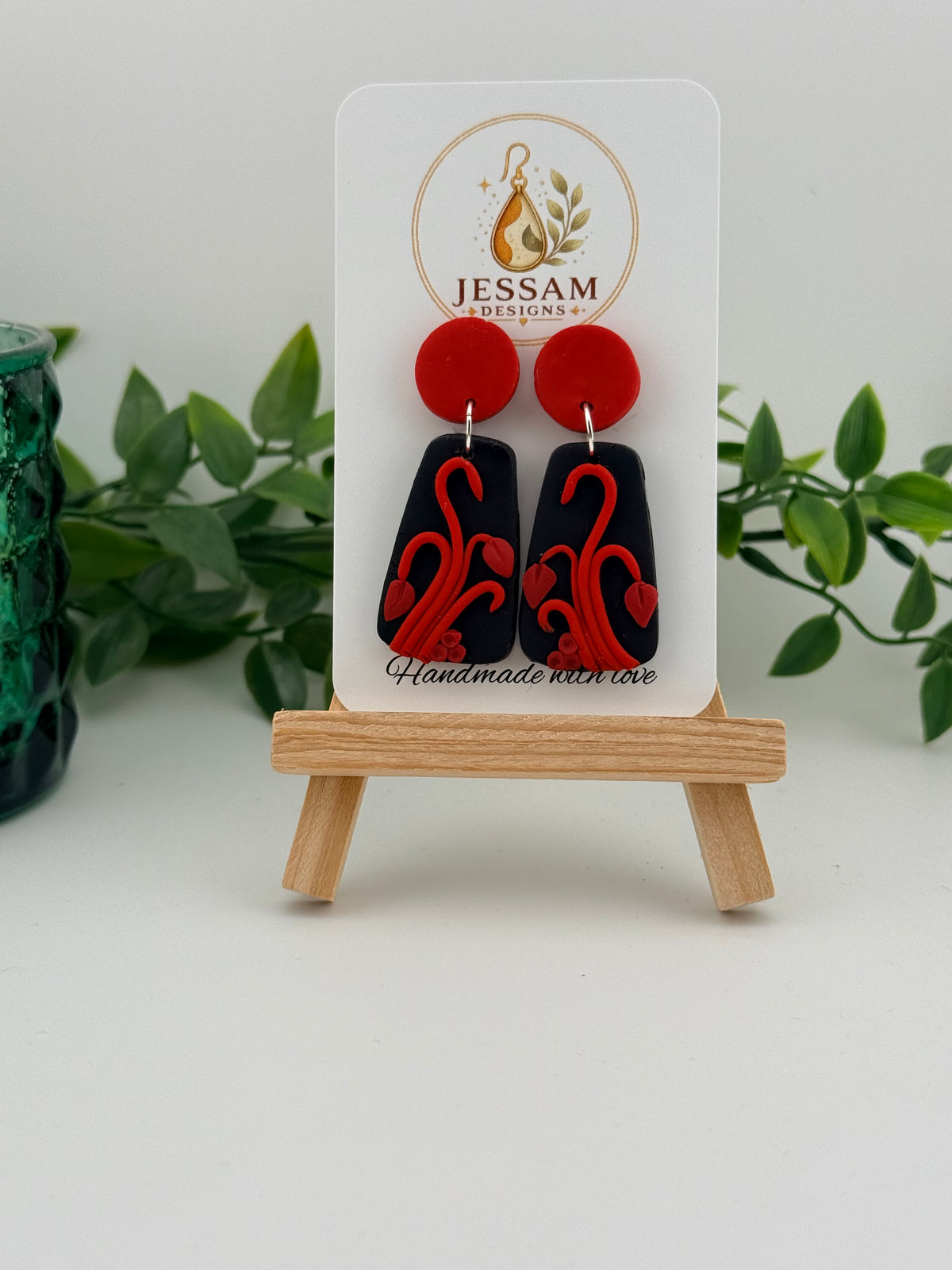Red & Black Floral Polymer Clay Dangle Earrings – Handmade Statement Earrings