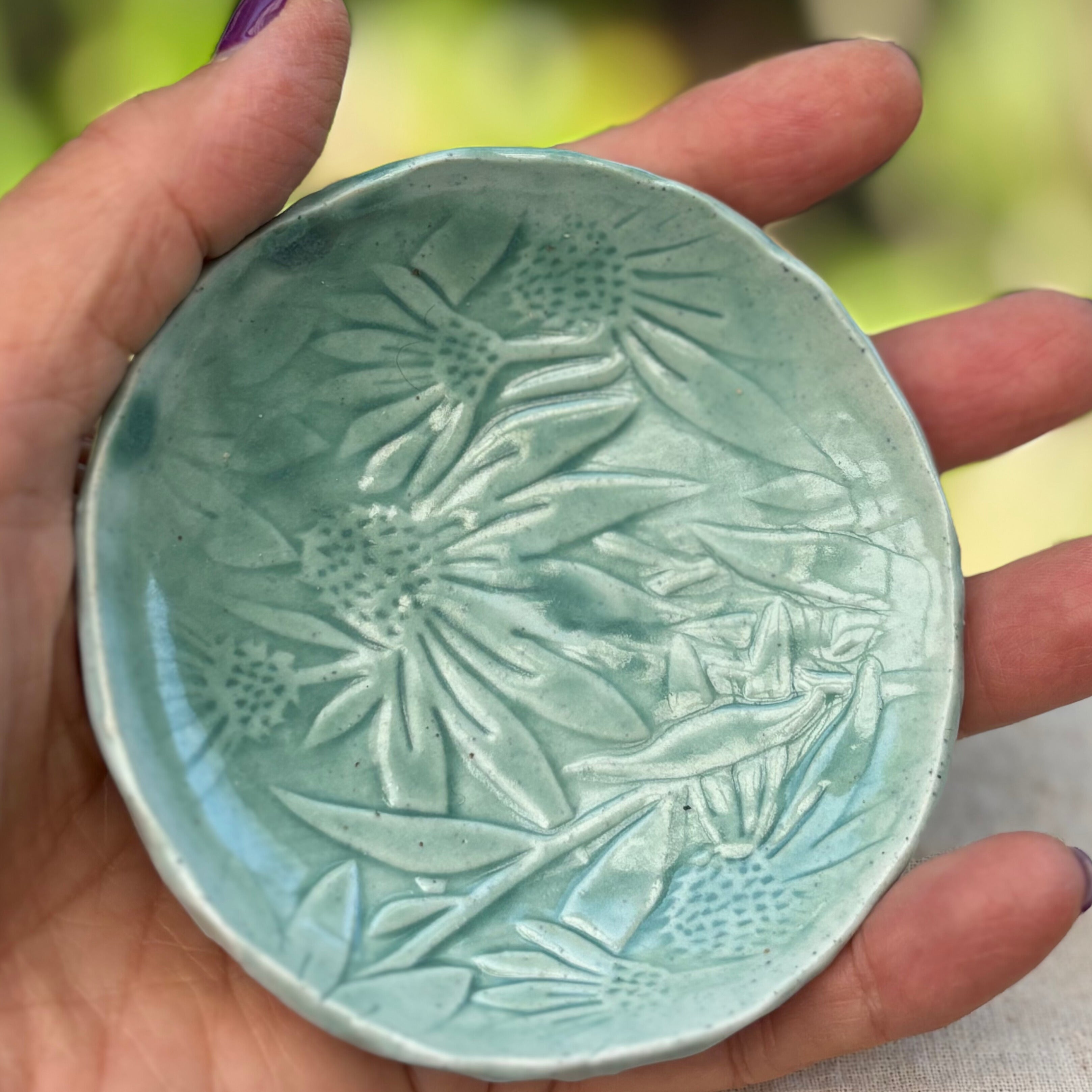 Handmade Ceramic Trinket | Jewellery | Small Food Plates | Spoon Rest | Saucer| Side Plate | Coneflower Floral Stoneware Dishes