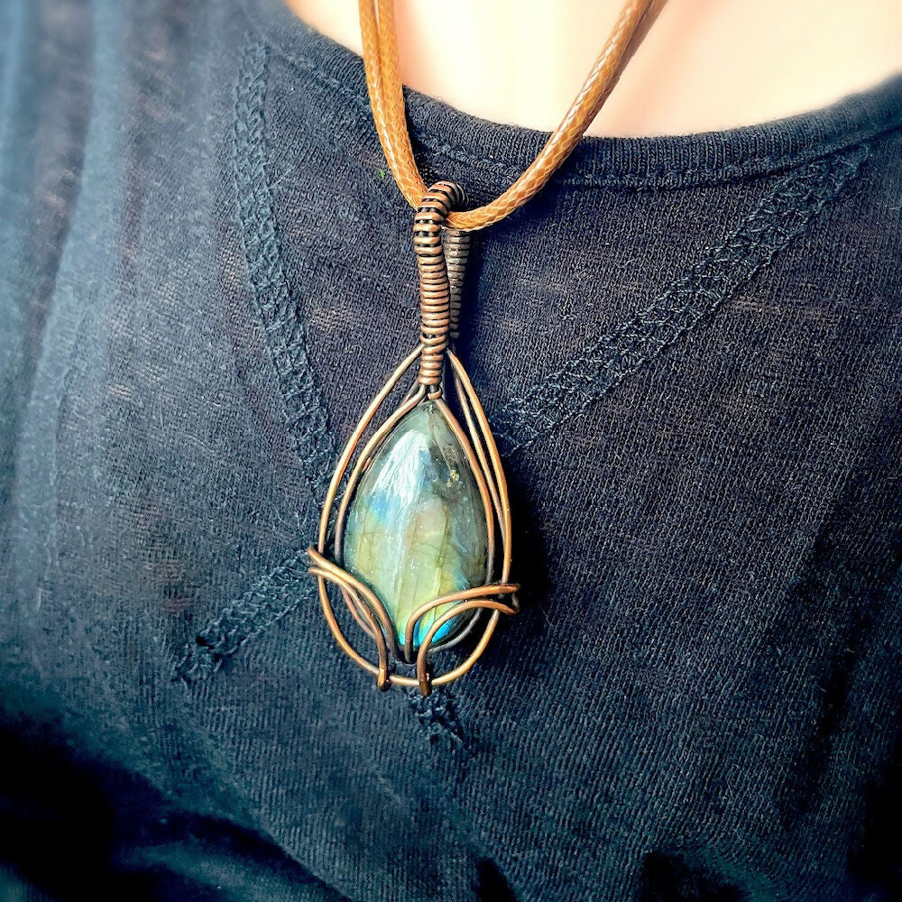 Australian-artist-handmade-jewellery-pendant-unique-labradorite-Charming-60x25mm-Wire-Wrapped-Labradorite-Pendant-worn