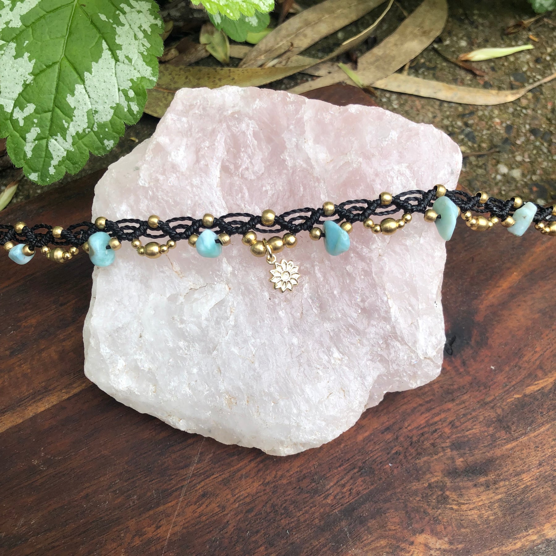 Larimar Gemstone Macrame Anklet: Boho Sunflower Charm, adjustable
