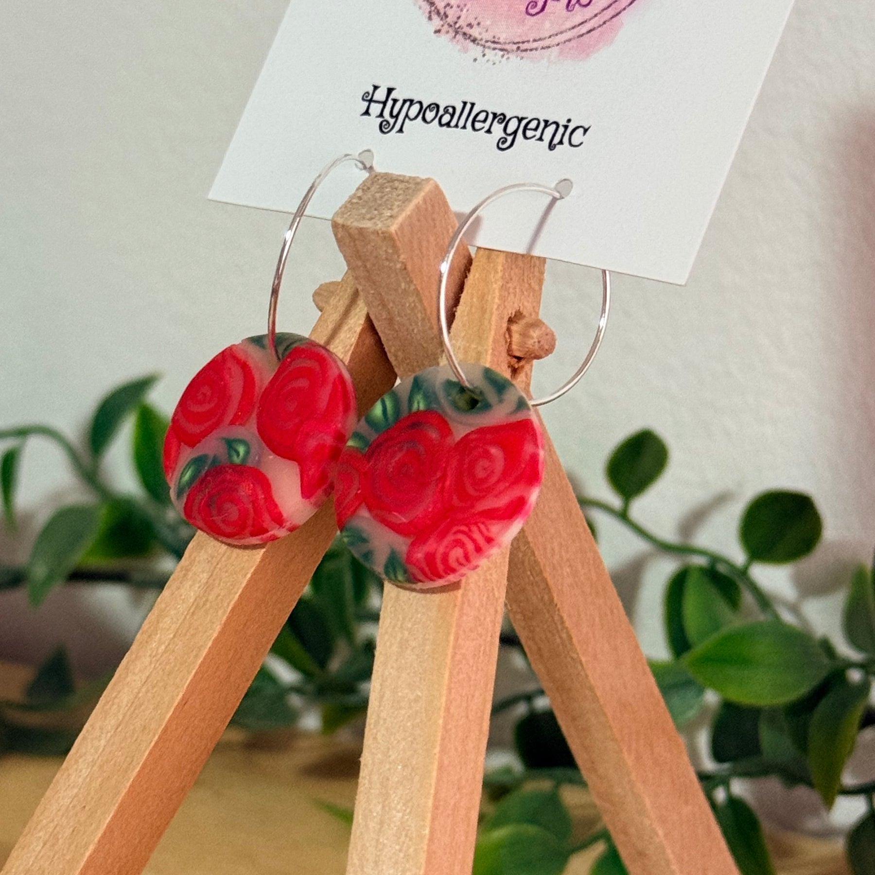 Red Rose Polymer Clay on Hoop Dangle Earrings.