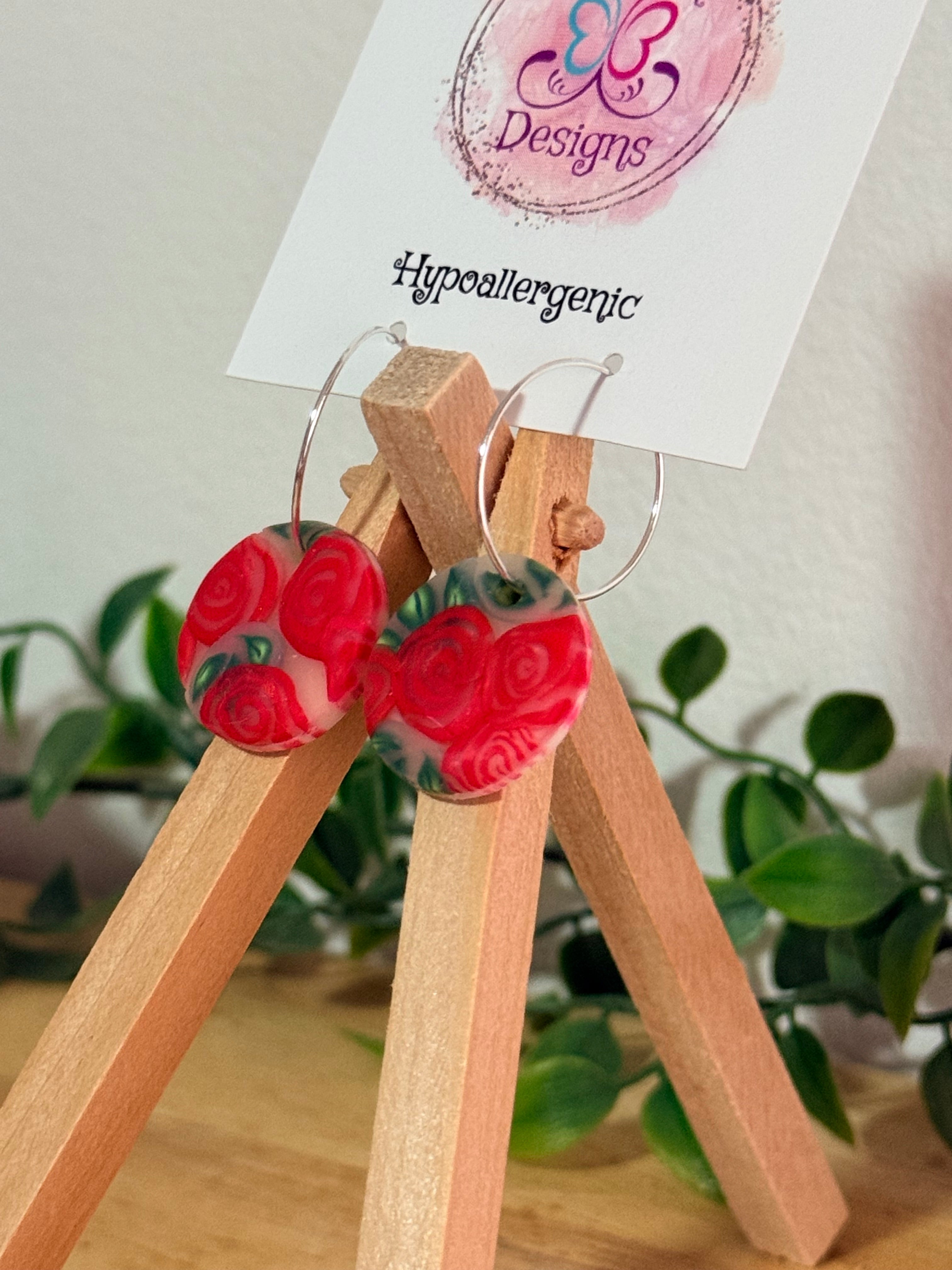 Red Rose Polymer Clay on Hoop Dangle Earrings.