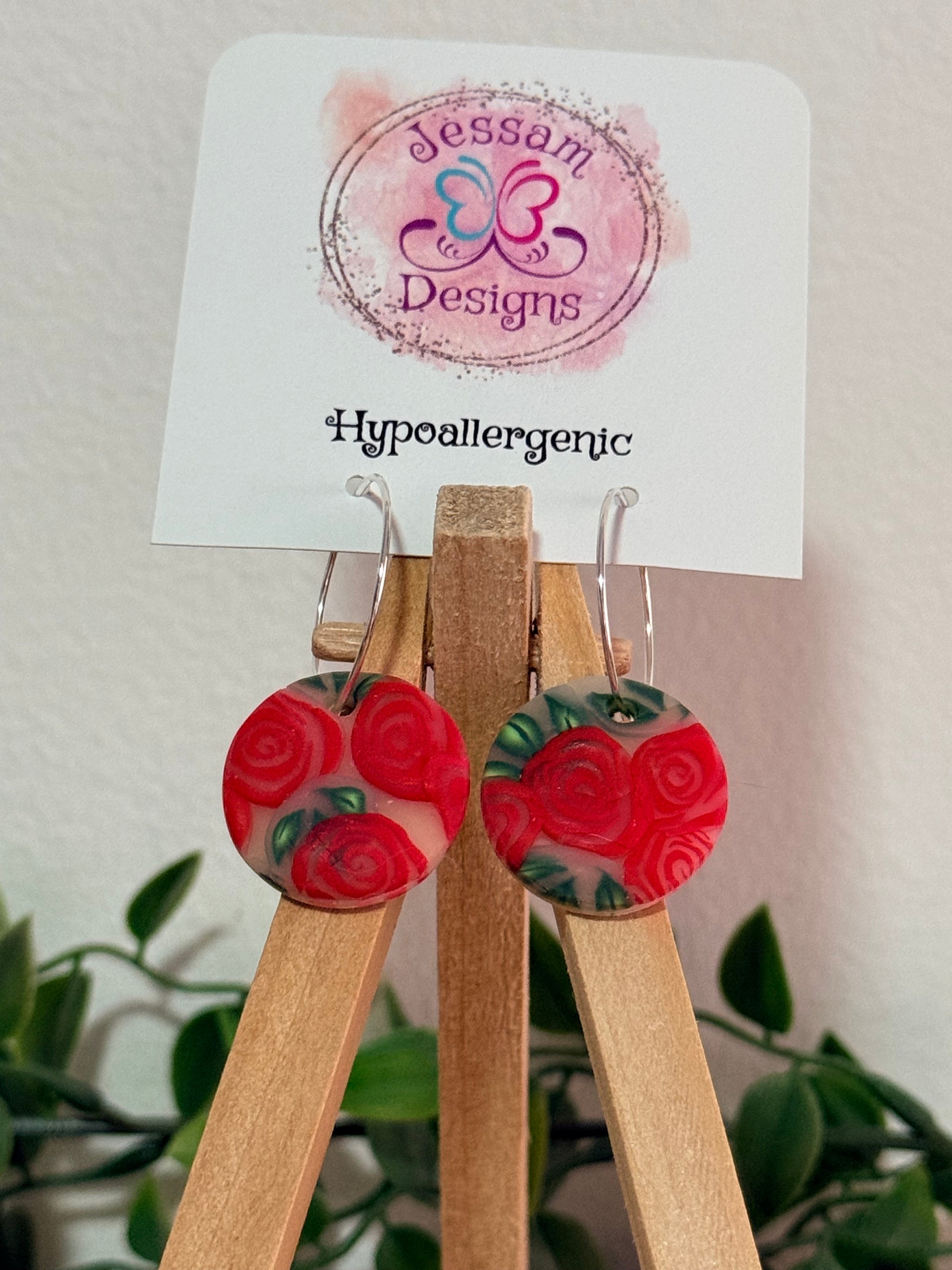 Red Rose Polymer Clay on Hoop Dangle Earrings.