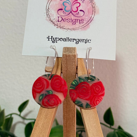 Red Rose Polymer Clay on Hoop Dangle Earrings.