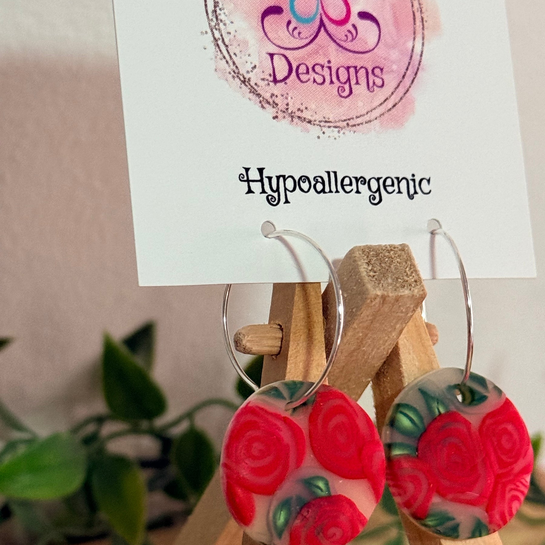 Red Rose Polymer Clay on Hoop Dangle Earrings.