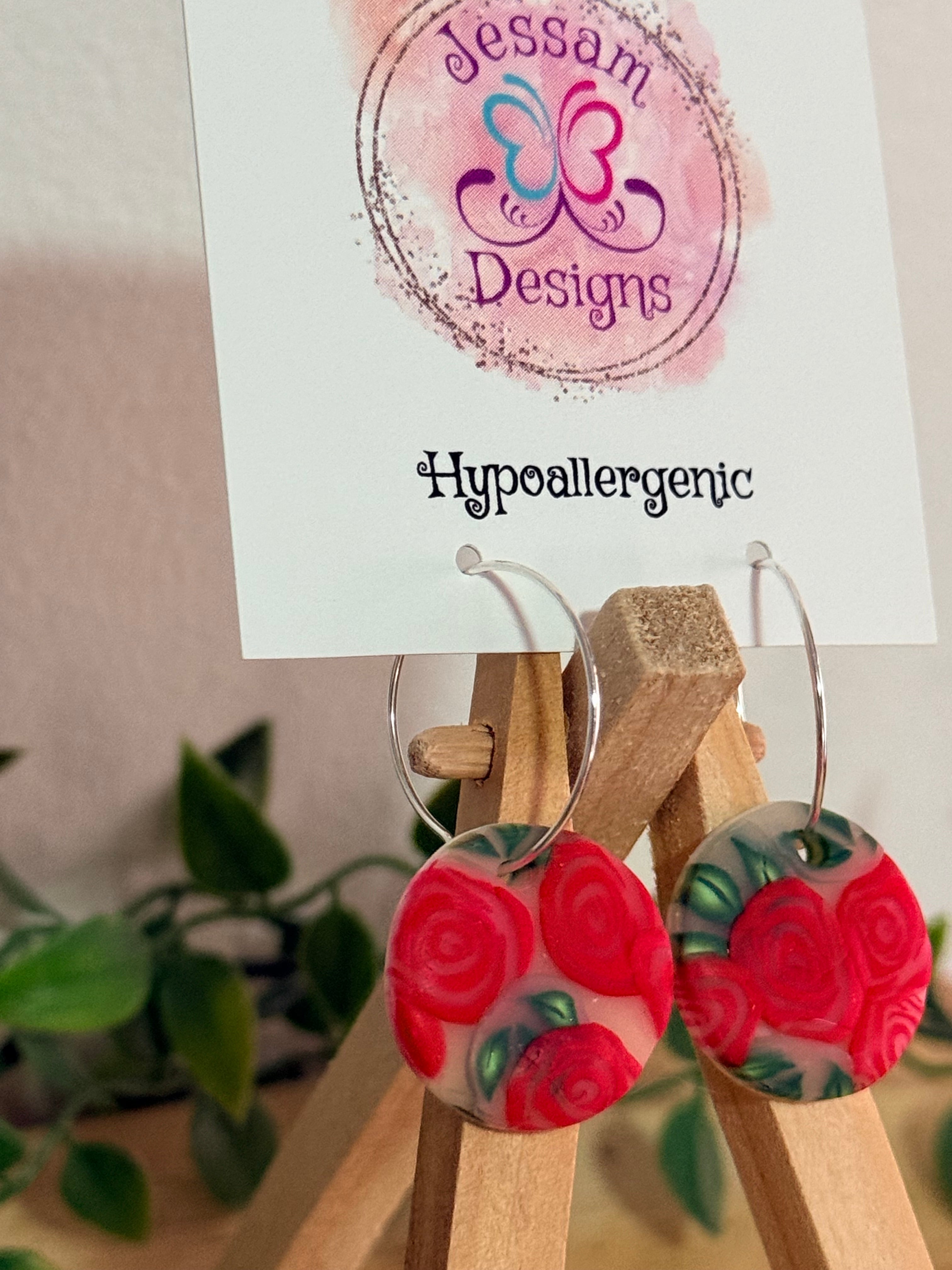 Red Rose Polymer Clay on Hoop Dangle Earrings.