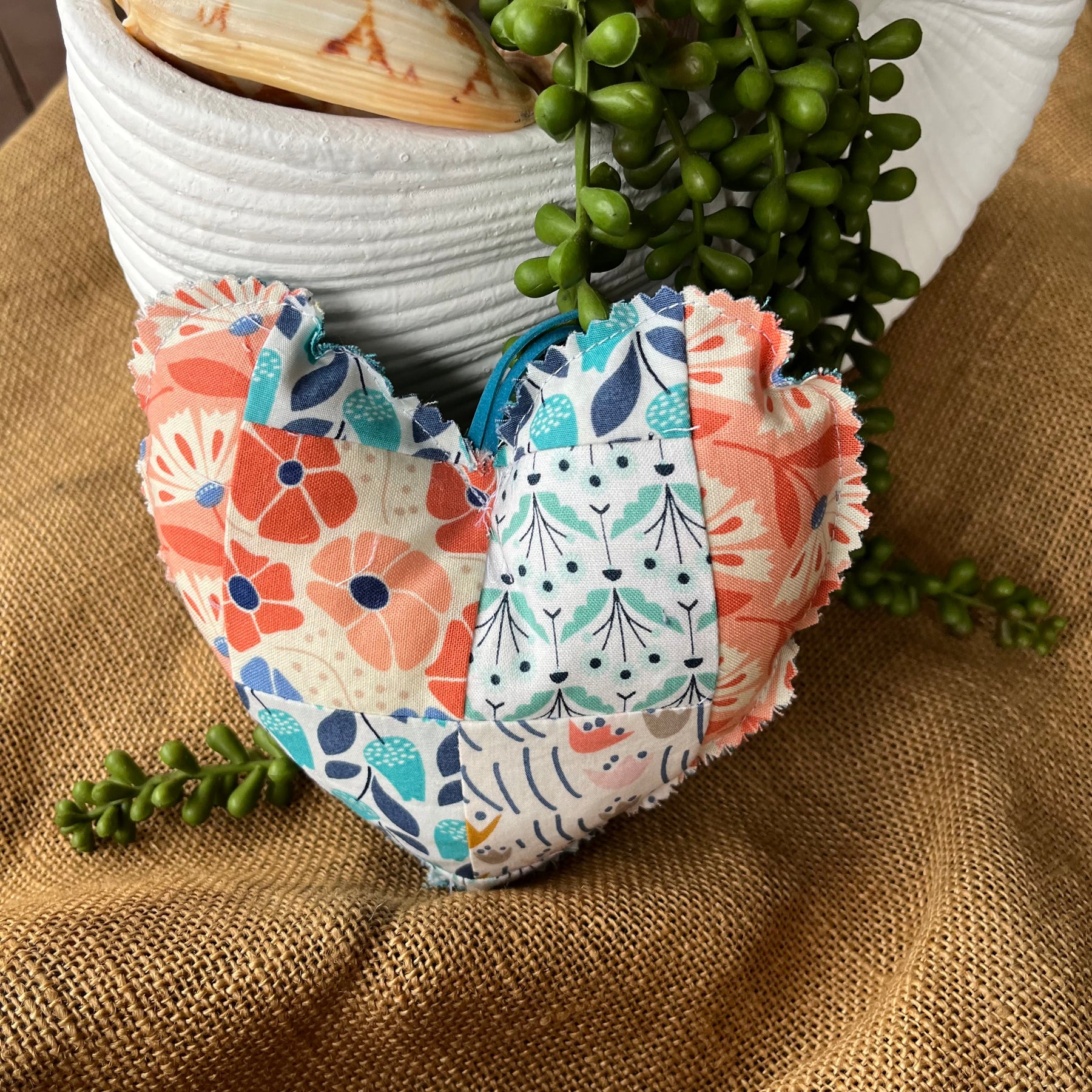 Handmade hearts | organic fabric | rustic look | aqua and peach