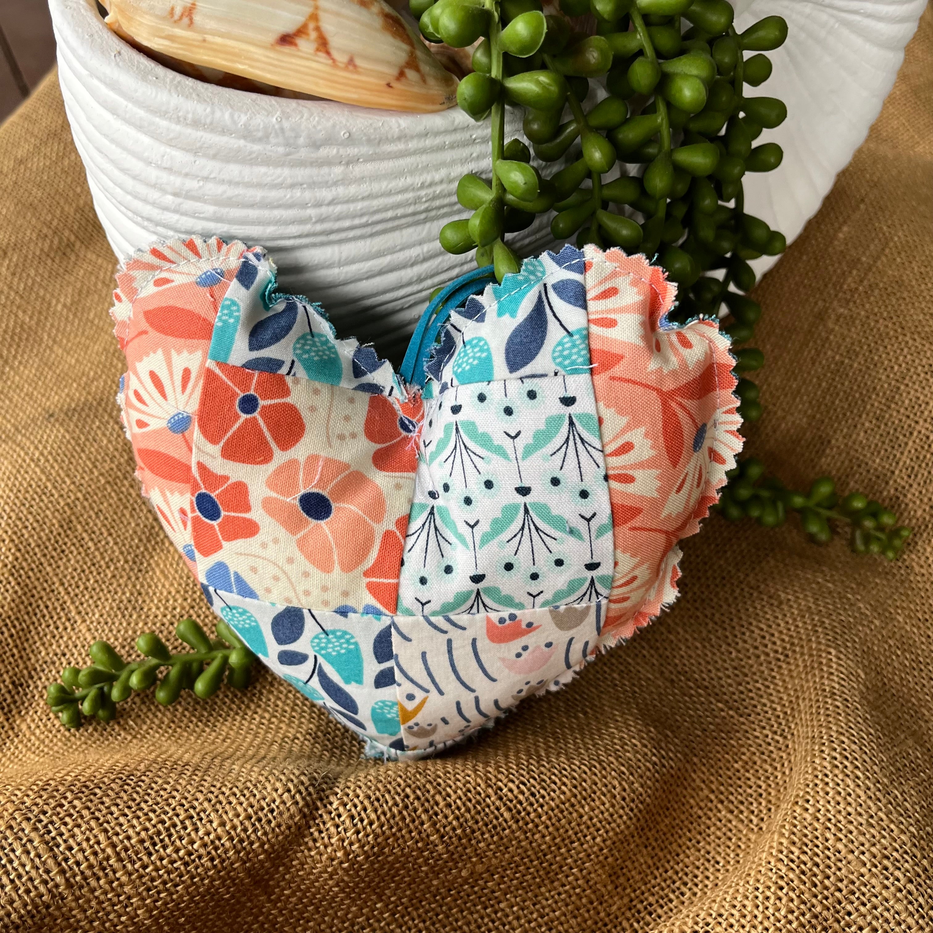 Handmade hearts | organic fabric | rustic look | aqua and peach