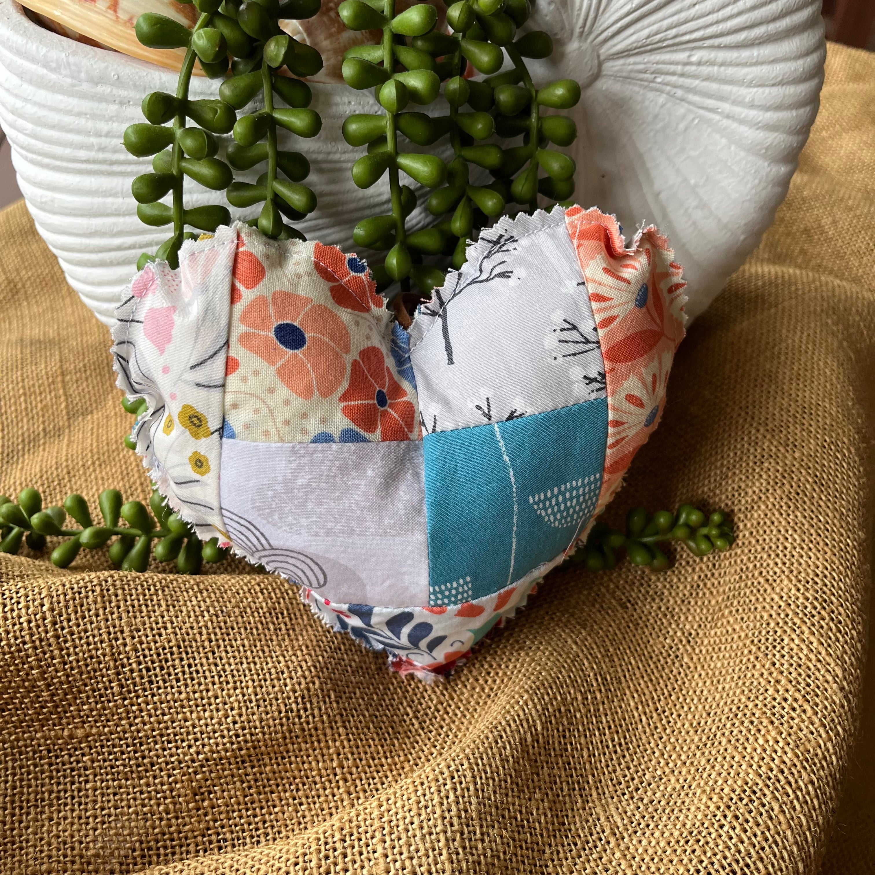 Handmade hearts | organic fabric | rustic look | aqua and peach
